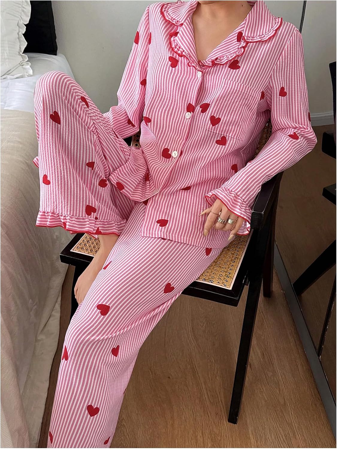 BEAUDRM Women's 2 Piece Pj Set Cherry Print Pajama Long Sleeve Button Up Collar Tops and Pants Nightwear Sleepwear Lounge Set