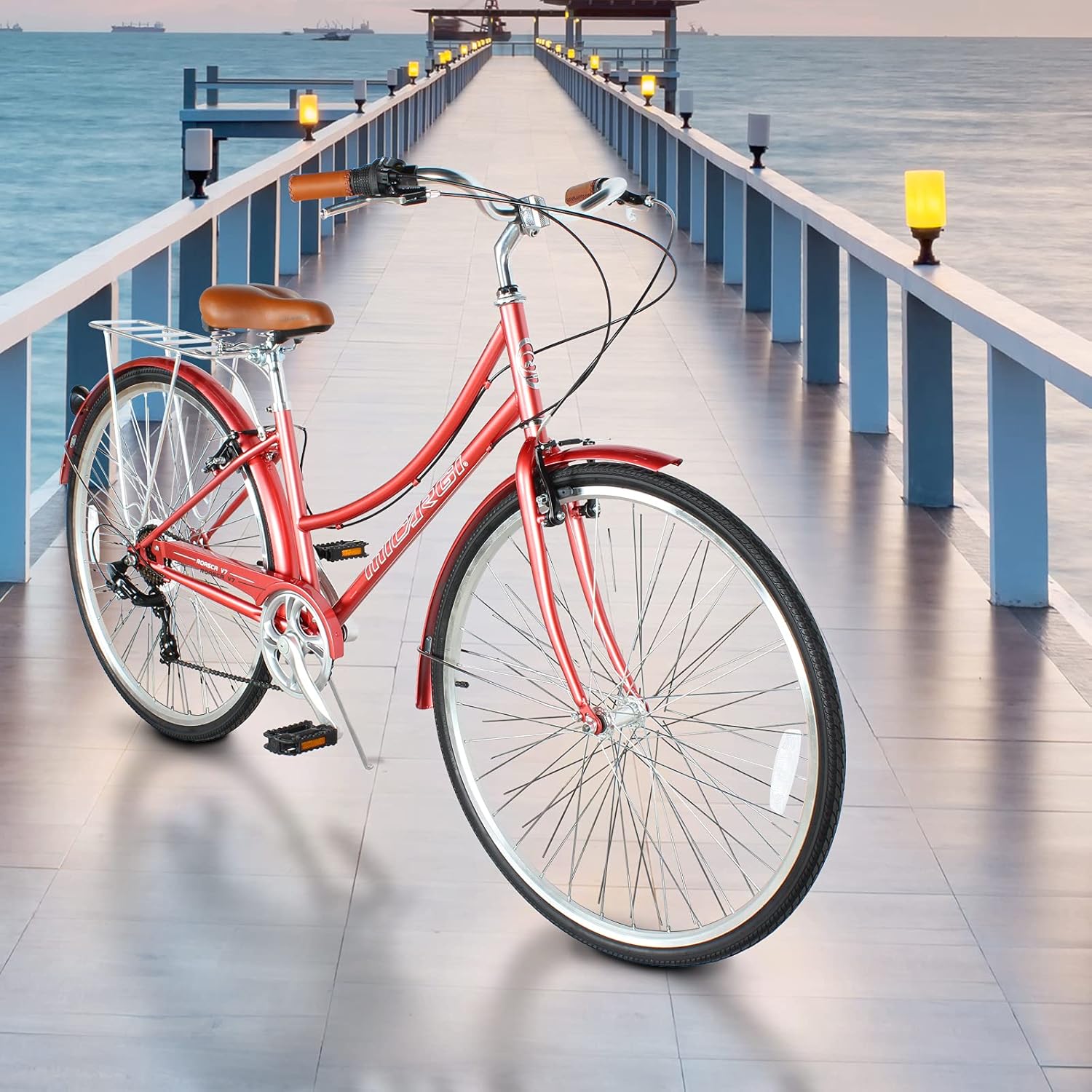 MICARGI 24/26 Inch Adult Cruiser Bicycle Hybrid Bike 1/7 Speeds Commuter Bike for Women, Men, Seniors,Step-Through or Step-Over Bike Steel Frame Multi Colors Style