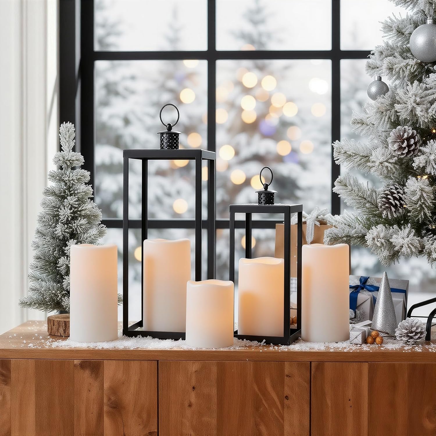Raycare Outdoor Waterproof Flameless Candles-Auto Light Sensor Dusk to Dawn, Flickering LED Candle, Battery Operated Electric Fake Pillar Candle for Garden, Porch, Patio Decor, (D3 xH4 5" 6" 6" 6")