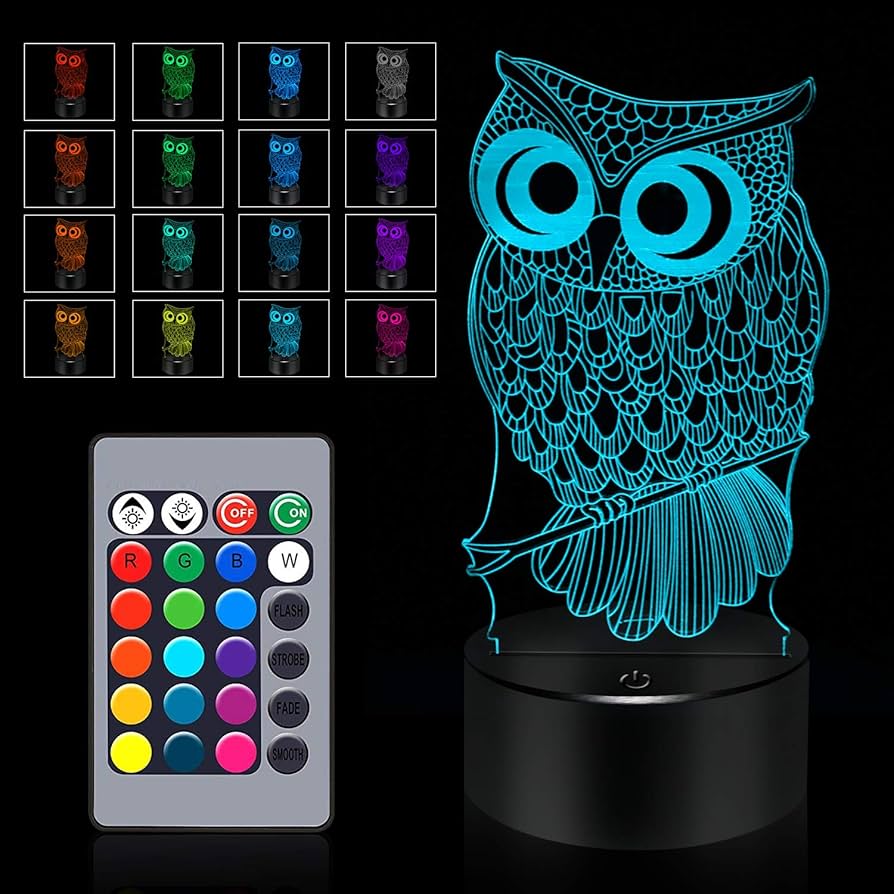 BASSI 3D Owl Lamp, Touch & Remote Control - 16 Color Change