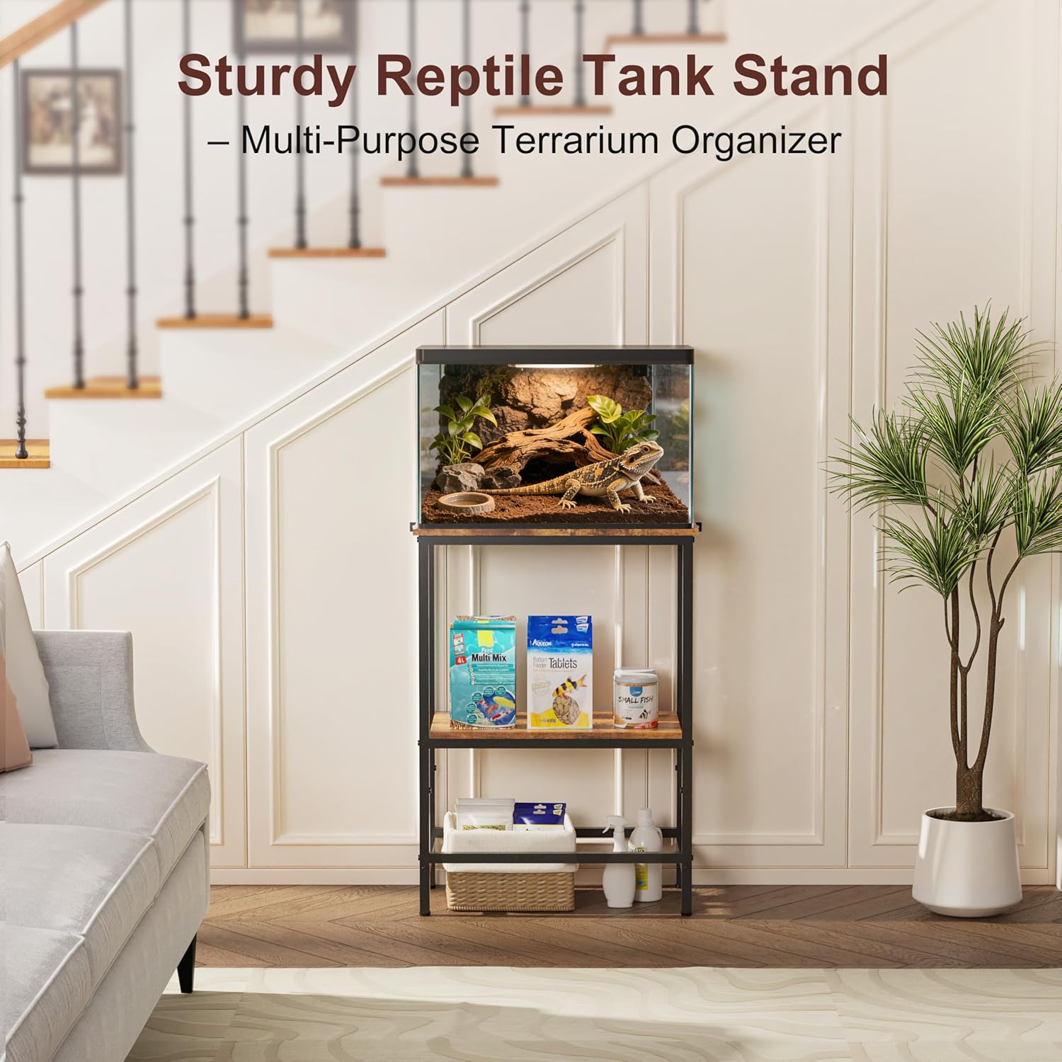 5-10 Gallon Fish Tank Stand, Aquarium Stand with 2-Tier Storage Shelves, Heavy-Duty Reptile Terrarium Stand Table for 10 Gallon Standard Model, 21.2" L x 11.8" W x 29.3" H