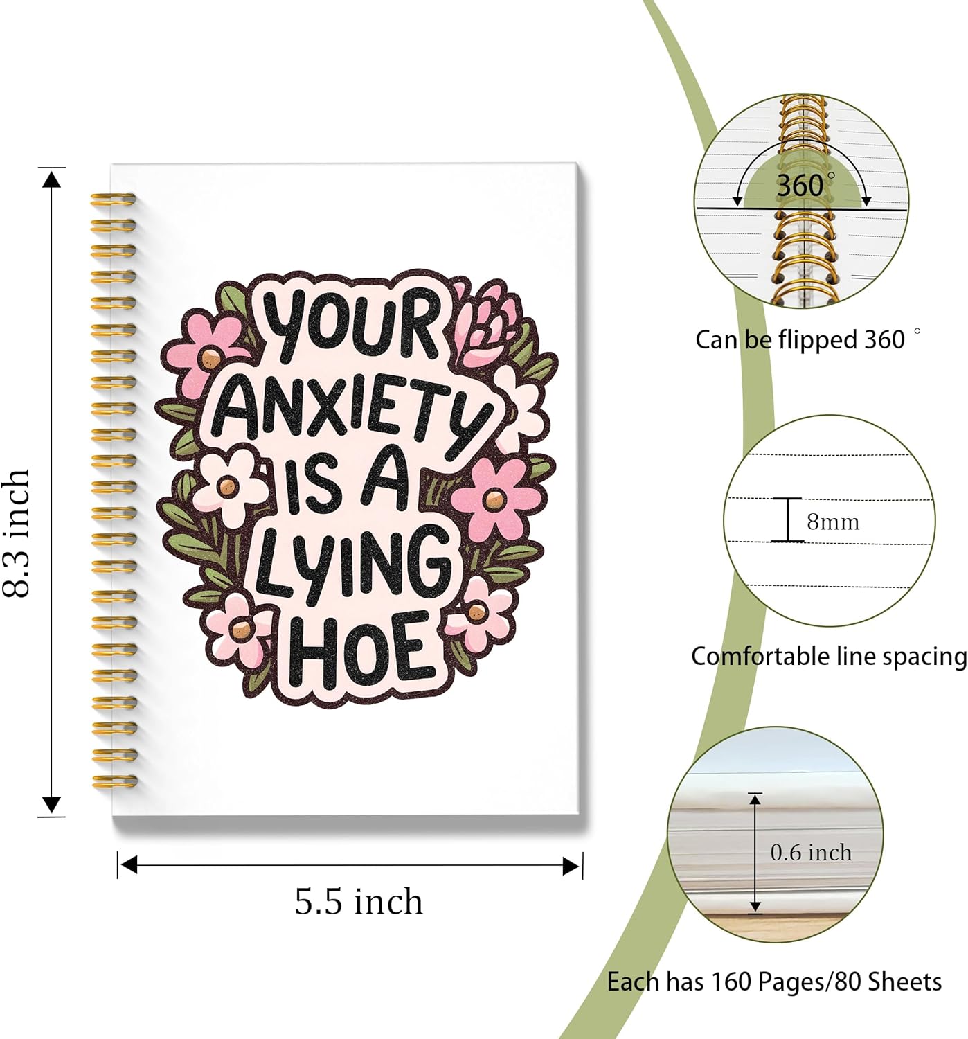 ROXMART Floral Mental Health Glitter Spiral Notebook, Anxiety Journal for women, Anti Anxiety Mental Health Gifts, Funny Psychology Positive Hardcover Notebook Journal, 5.5x8.3 Inch - Image 7
