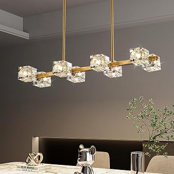 Dining Room Light Fixture,Gold Modern Crystal Chandelier Rectangular Pendant Light with 8 Light Farmhouse Chandeliers for Kitchen Island Dining Room Living Room Bedroom