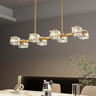 Dining Room Light Fixture,Gold Modern Crystal Chandelier Rectangular Pendant Light with 8-Light Farmhouse Chandeliers for Kitchen Island Dining Room Living Room Bedroom