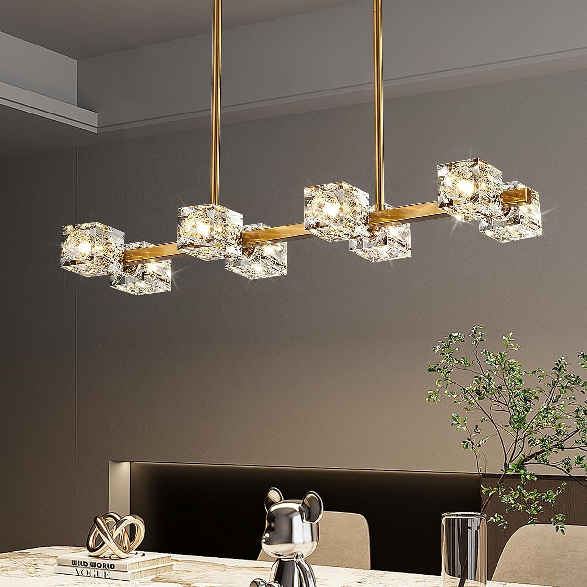OKES Gold Modern Crystal Chandelier, 8-Light Rectangular Pendant Light for