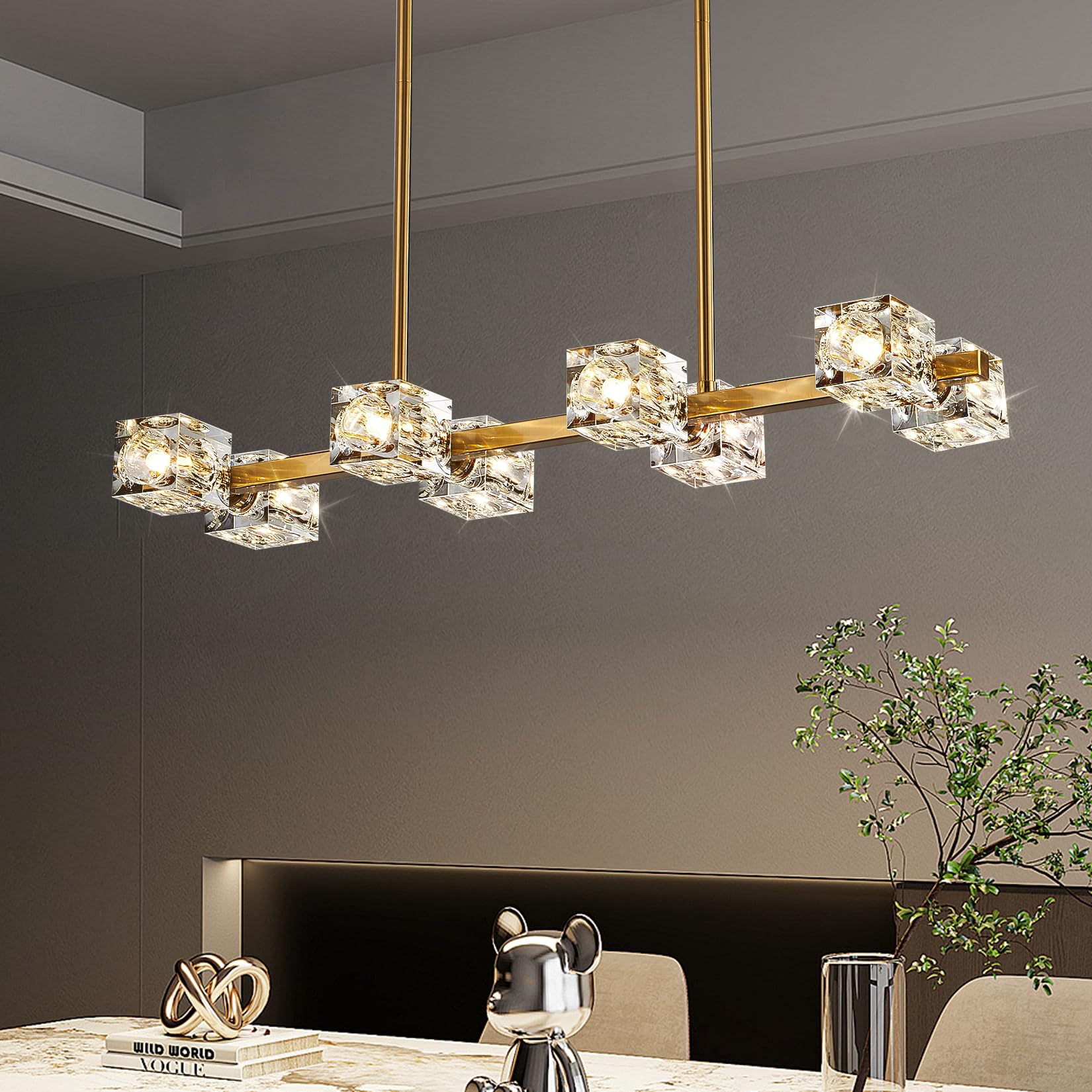 Photo 1 of **** AS IS NO RETURNS ALL SALES FINAL****Dining Room Light Fixture,Gold Modern Crystal Chandelier Rectangular Pendant Light with 8 Light Farmhouse Chandeliers for Kitchen Island Dining Room Living Room Bedroom