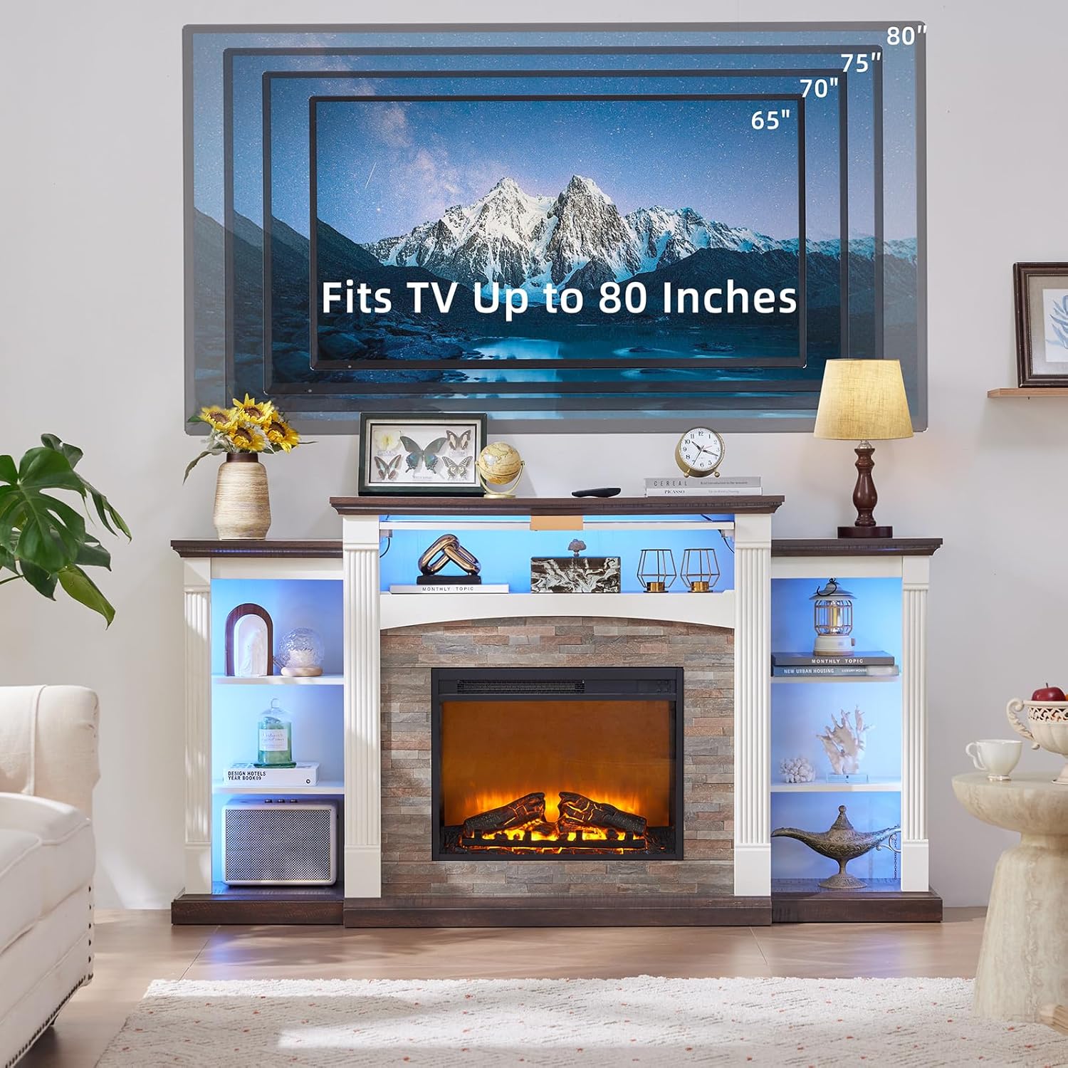 SAVOR LIFE Fireplace TV Stand for 80'' TV, 70" Electric Fireplace with Mantel, White Entertainment Center with Electric Fireplace & LED Lights, TV Console Fire Place TV Stands for Living Room
