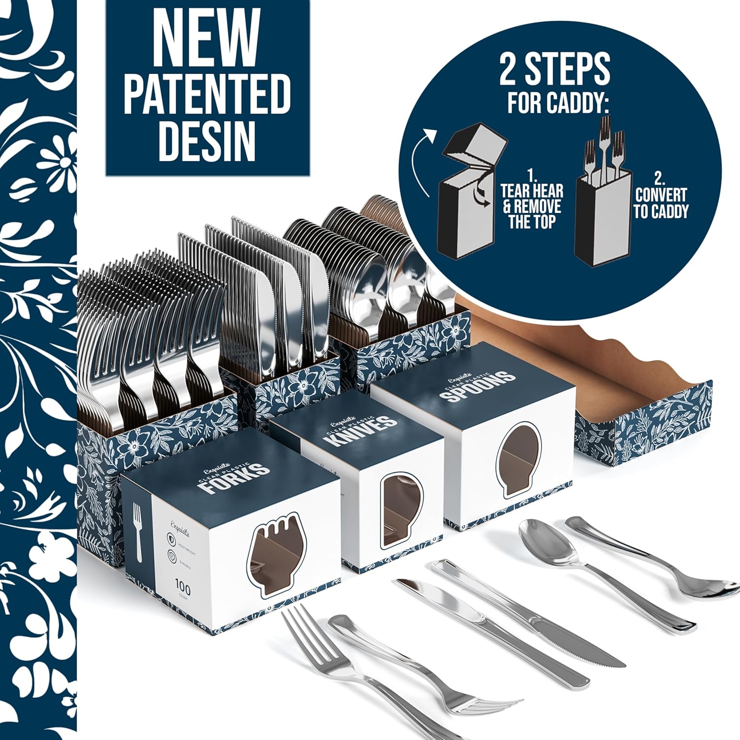 Exquisite Silver Plastic Silverware Heavy Duty 300 Pack - Utensil Caddy For Parties, Utensil Holder For Kitchen Counter 100 Each Plastic Spoons Forks & Knives Set Flatware Sets Disposable Silverware.