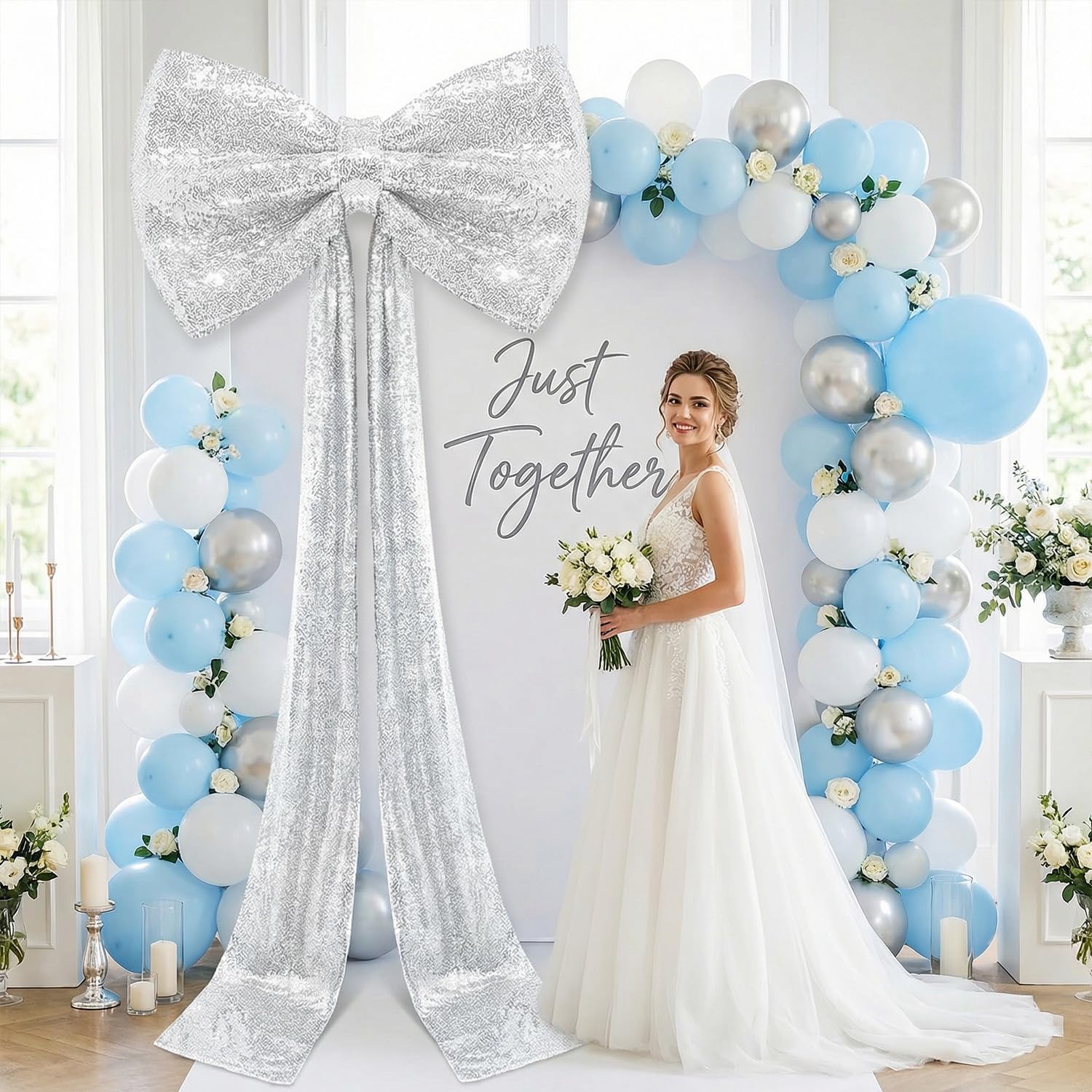 Giant Bow Decoration Silver Sequin Bow for Backdrop 75 x 23 Inch Sparkle Large Bow with Long Ribbon Coquette Big Bows Decor for Wedding Birthday Party Indoor Outdoor Decoration