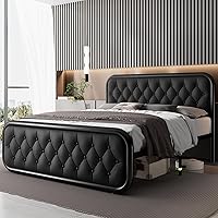 Vista 3 de Feonase Marco de cama tamaño completo, marco de cama resistente con cabecera de piel sintética, cama de plataforma tapizada con listones de metal