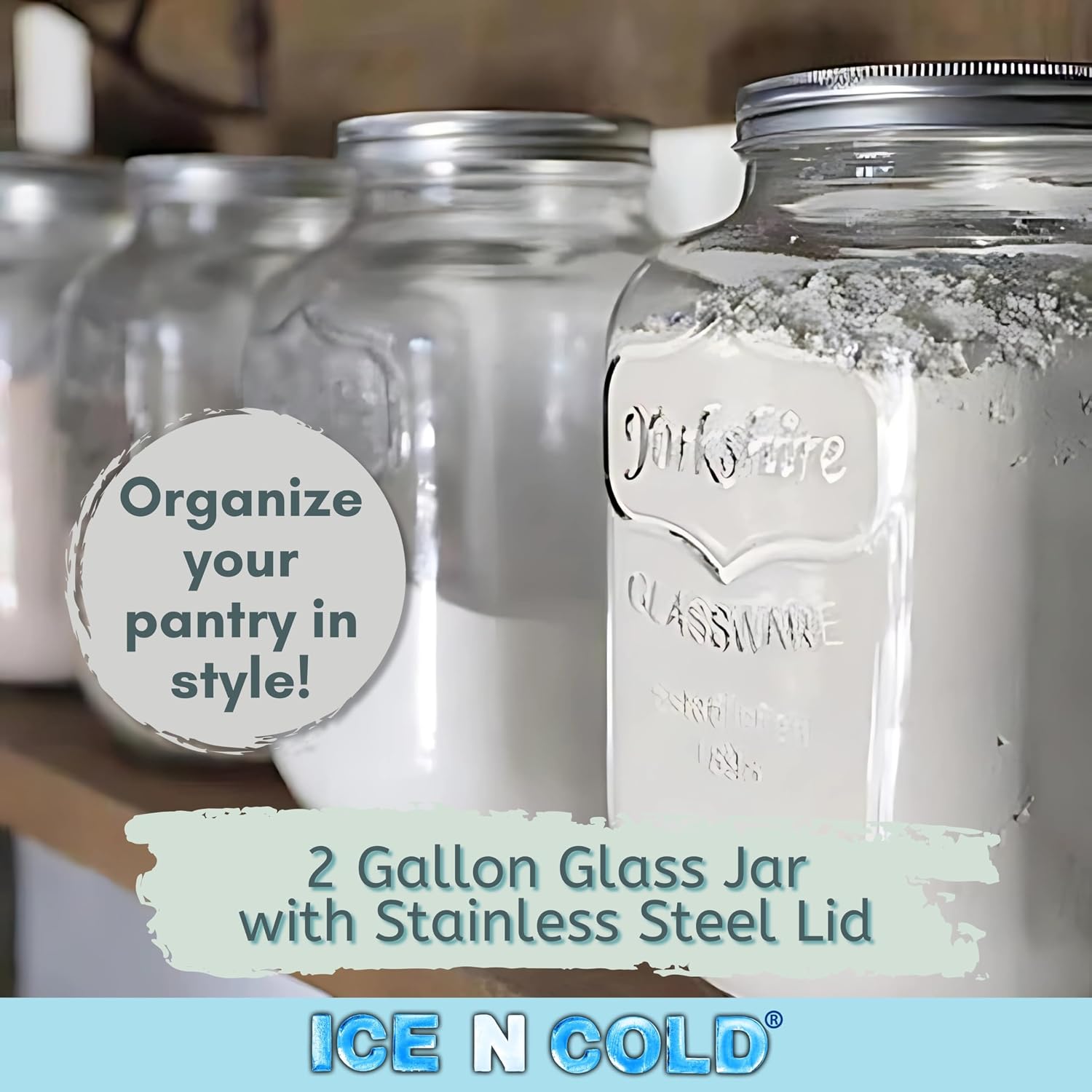 ICE N COLD Large Glass Jar - Clear Wide Mouth Container for Storage, Kitchen, Pantry, and Laundry (2-Gallon | 8-Liter)