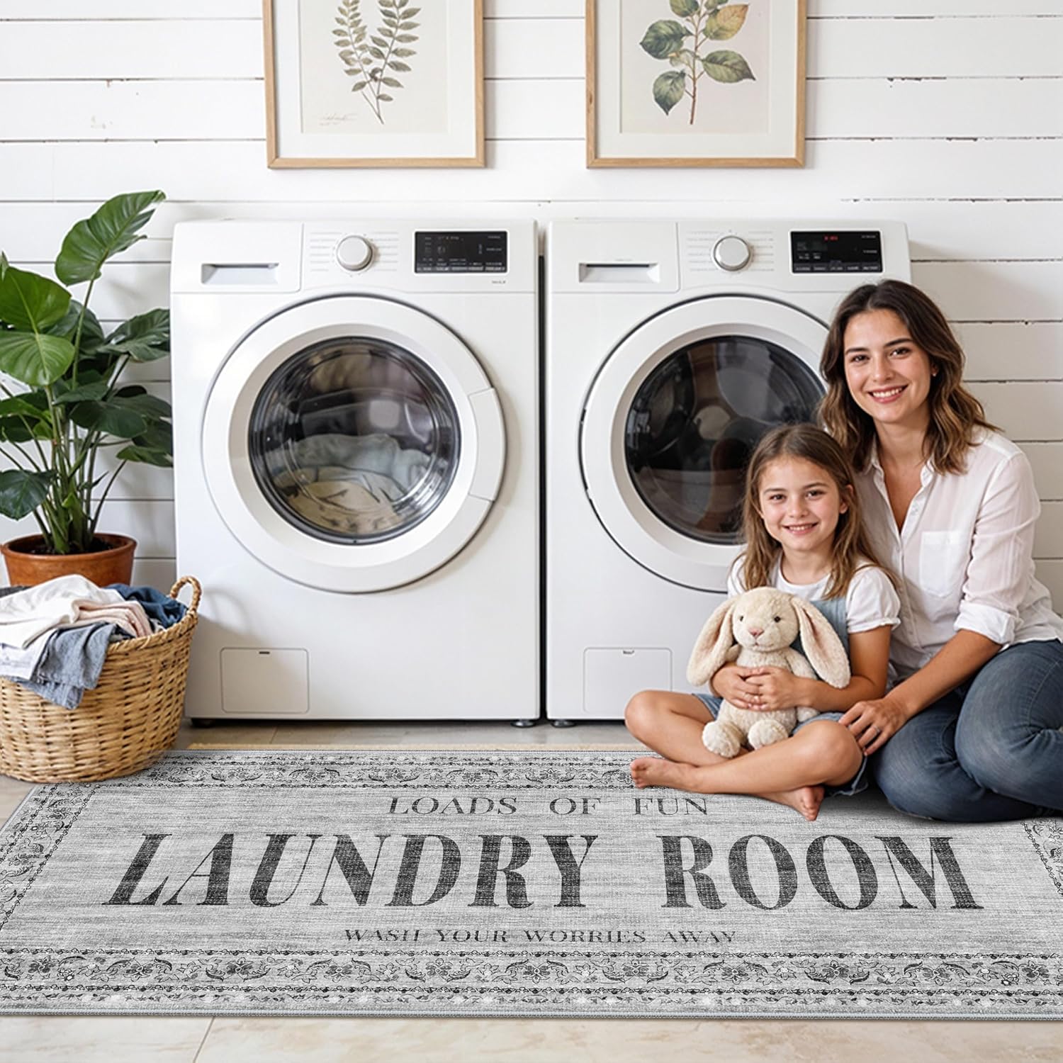 20"x60" Non-Slip Laundry Room Rug: Washable Rug for Laundry Room Mudroom Bathroom - Vintage Distressed Mat Farmhouse Home Decor - Durable Stain Resistant Floor Carpet for High-Traffic Area 20"x60"Grey