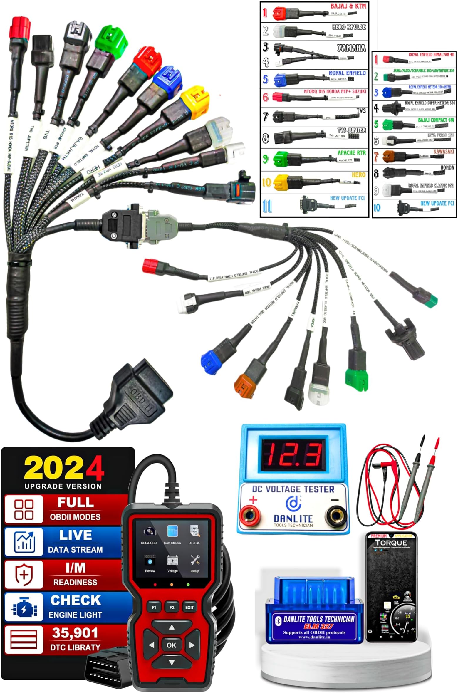 DANLITE TOOLS TECHNICIAN [21 Coplar Scanning Cable] with V519 OBD-II and ELM 327 OBD Scanner with DC Voltage Tester [MAHA-Combo]