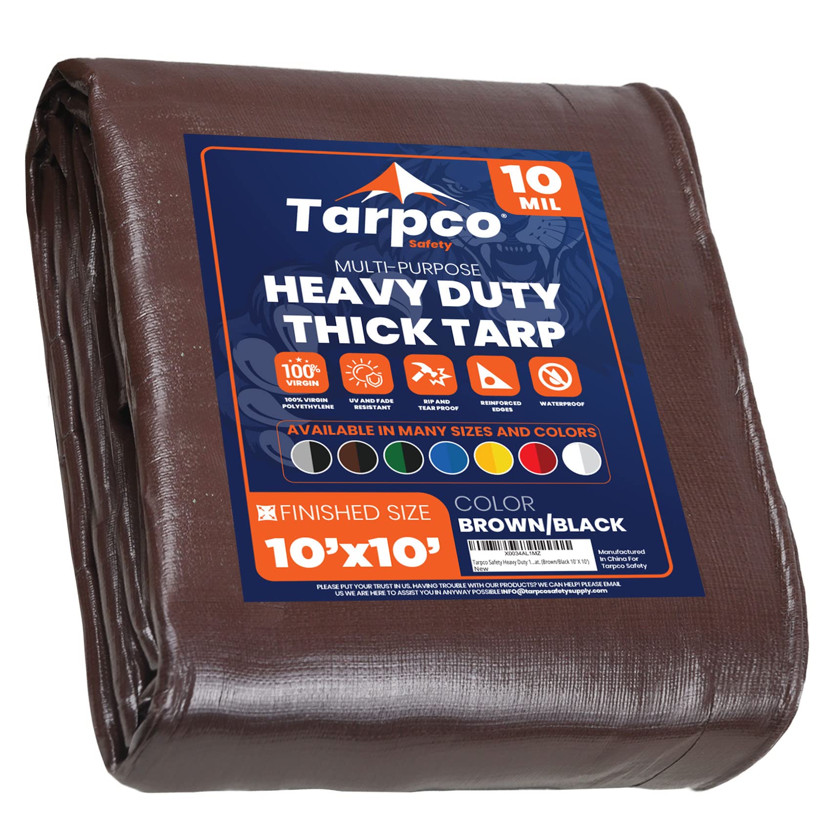 Heavy Duty 10 Mil Tarp Cover, Waterproof, UV Resistant, Rip and Tear Proof, Poly Tarpaulin with Reinforced Edges for Camping, Roof, Patio, Pool, Boat. (Brown/Black 10′ X 10′)