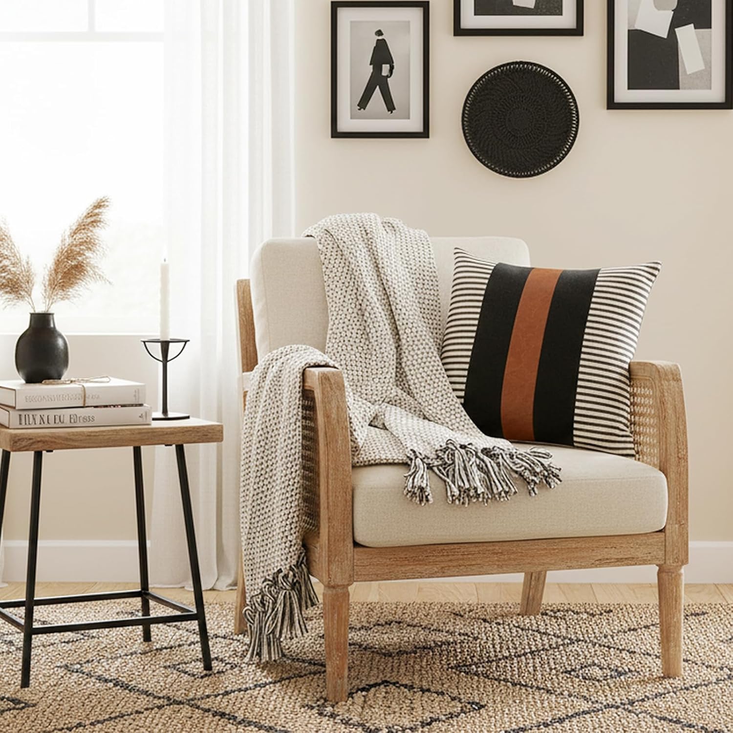 Set of 2 Boho Decorative Throw Pillow Covers 22x22 Inch Farmhouse Stripe Pillow Case,Faux Leather Modern Cushion Cover for Living Room Couch Bed Natural Decor Pillowcase Black and Brown