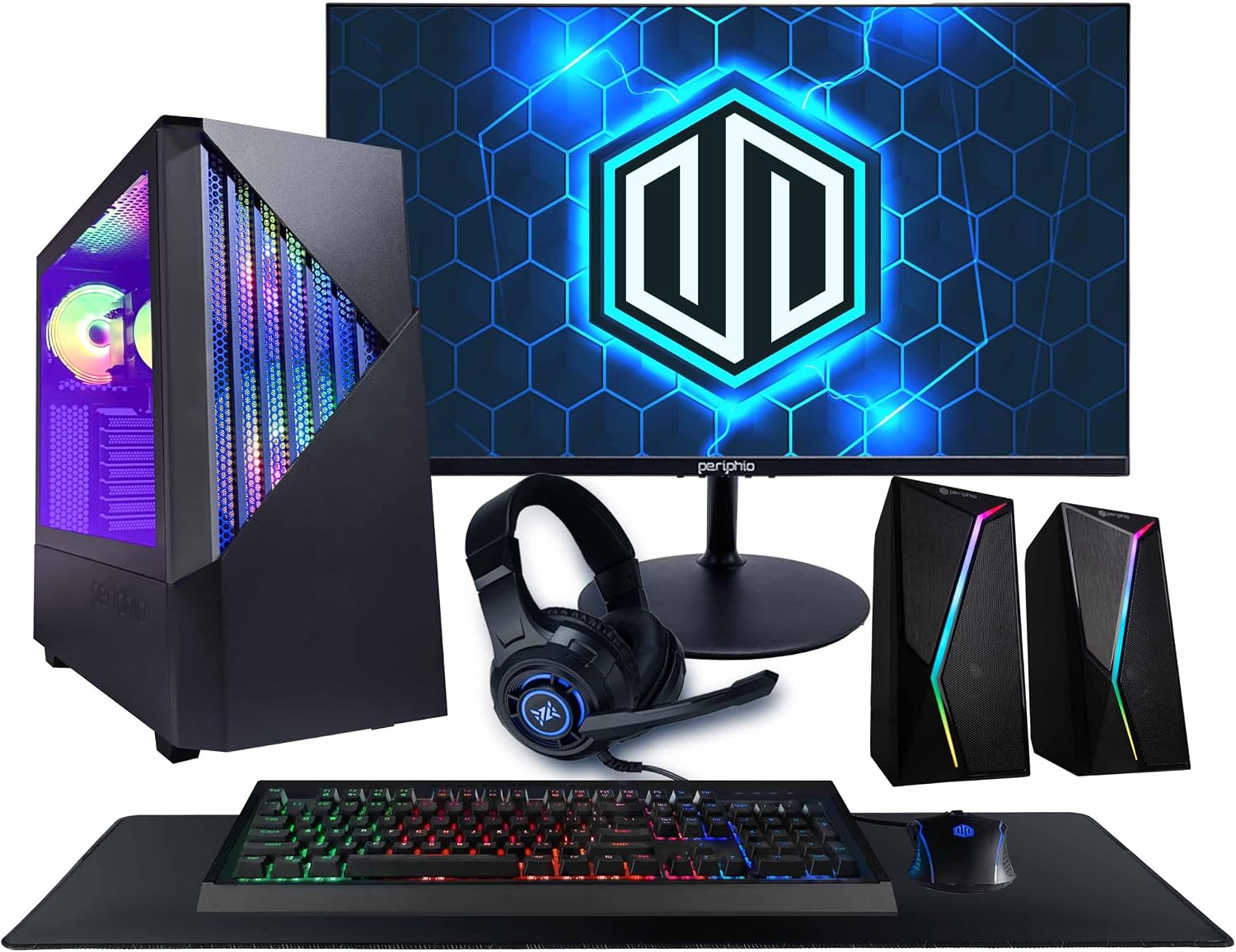 Periphio Reaper Gaming PC, AMD Ryzen 5 5500 up to 4.4GHz with Radeon RX 6500 XT 4GB GPU (Gaming Optimized), 16GB RAM, 1TB SSD, WiFi, Windows 11 Desktop, Black, Full Battlestation