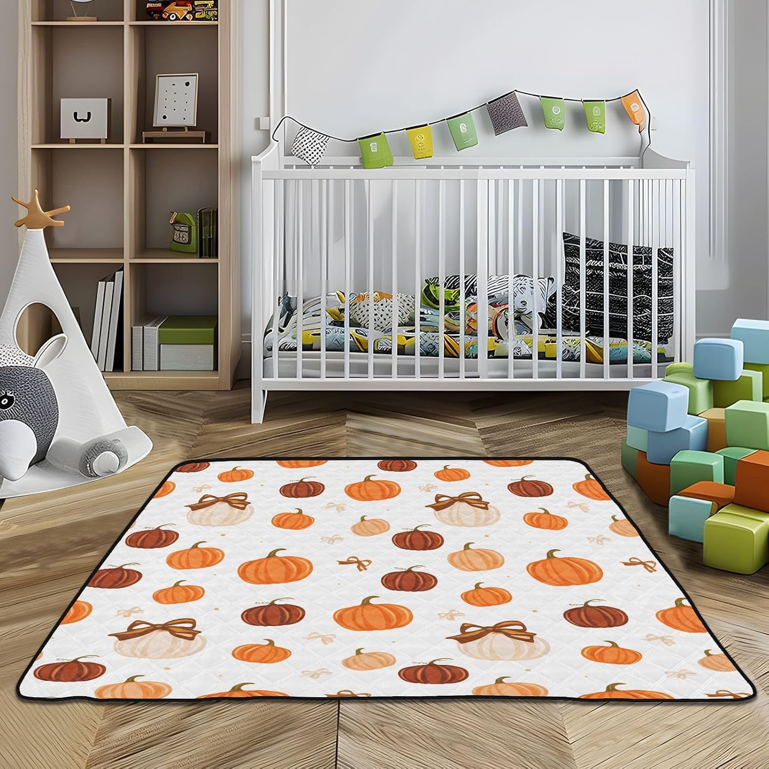 Doodle Colored Pumpkins Baby Play Mat, 50“ X 50” Washable Folding Crawling Mat, Baby Floor Mat, Soft, Non-Slip