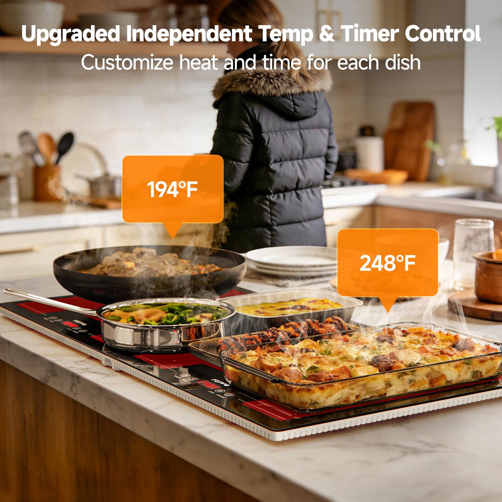 FEPPO Bandeja de calentamiento eléctrica con control independiente de temperatura y temporizador, calentador de alimentos modular 2 en 1 para fiestas, bufé, tapete de calentamiento de superficie de