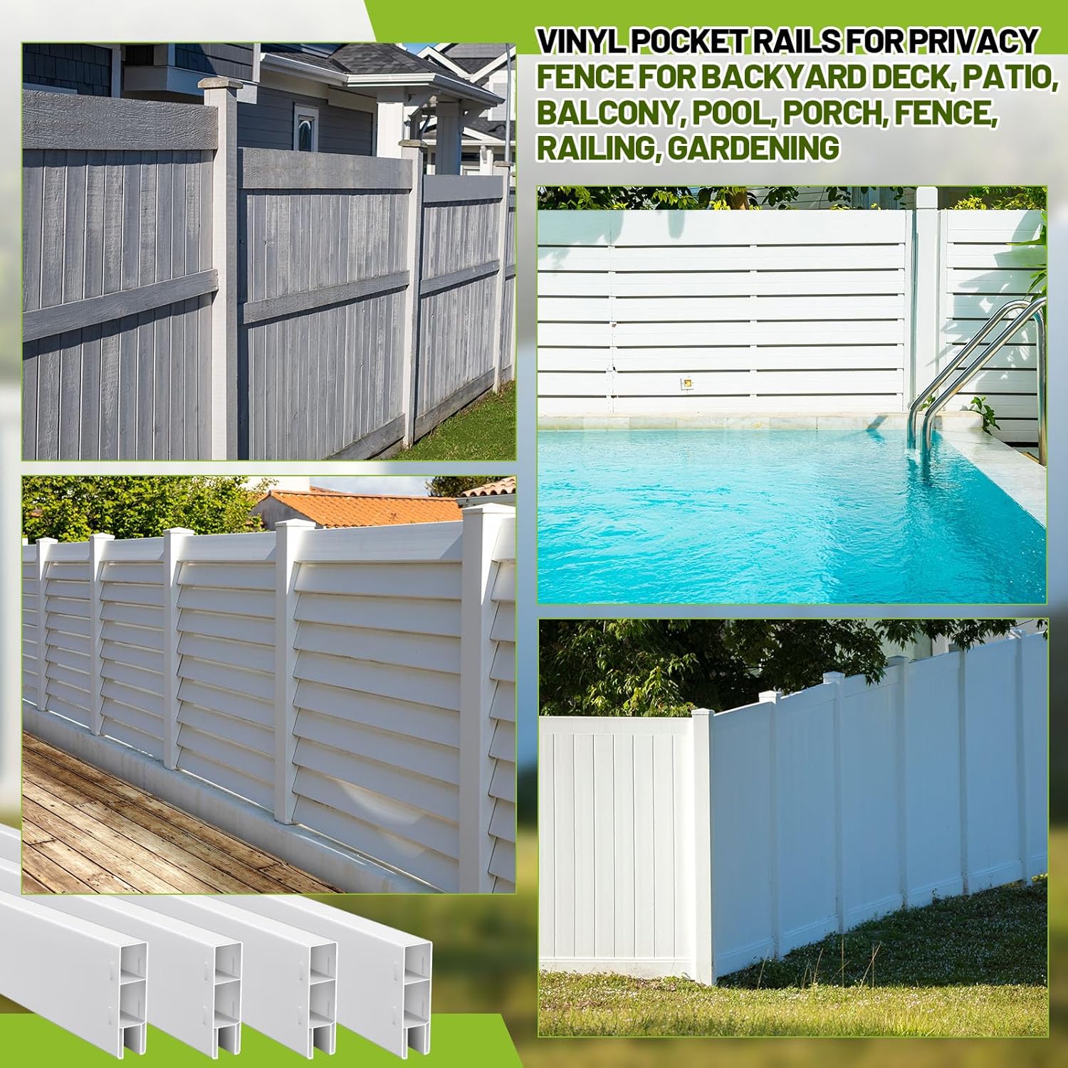 Yaocom 4 Pcs 6ft Vinyl Fence PVC Pocket Rails for Privacy White PVC Panel Parts Vinyl Fence Toppers for Outdoor Pool Ranch Patio - 1-1/2" X5-1/2" X72"(Total Length 24 Ft)