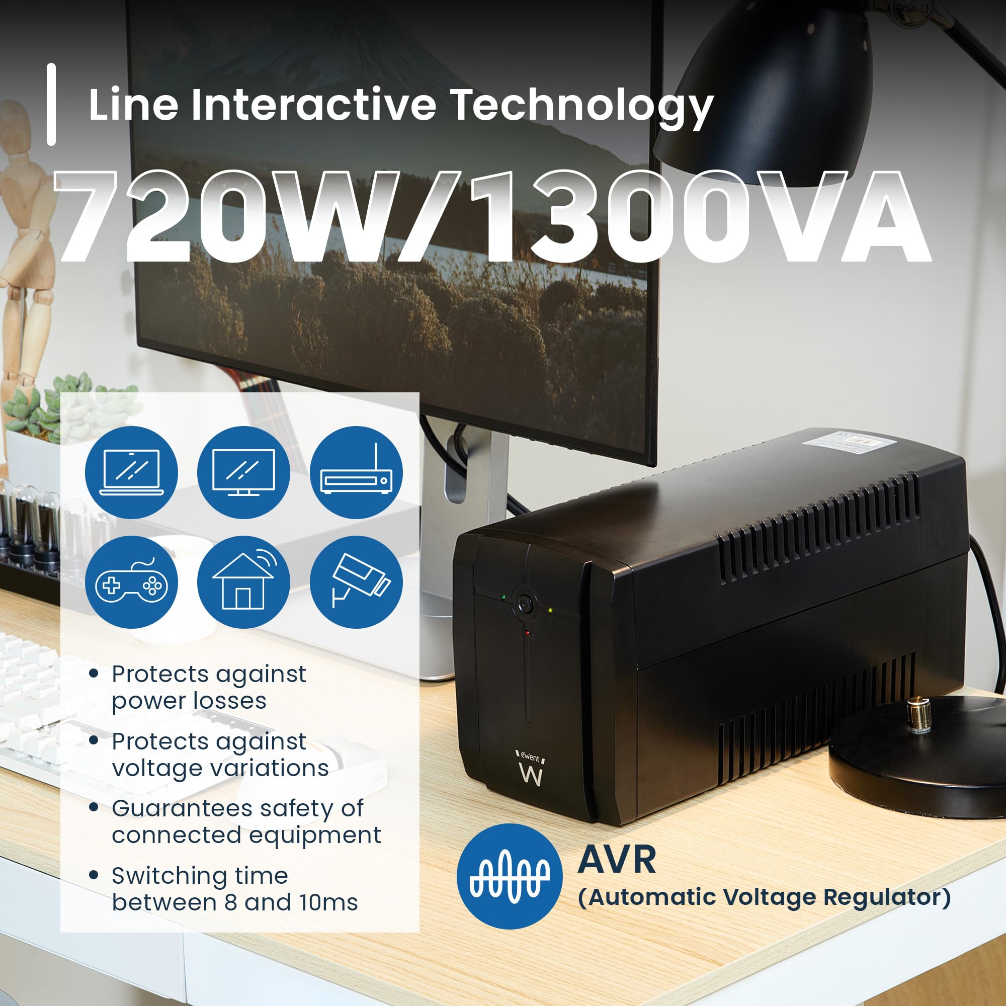 Ewent UPS Gruppo di continuità, Potenza 1300VA (720W) 250V, Protezione da Sovratensioni,Sbalzi Corrente e Blackout, Autonomia 20 min, 3 prese Schuko EU, AVR Line Interactive per PC, Modem, Console