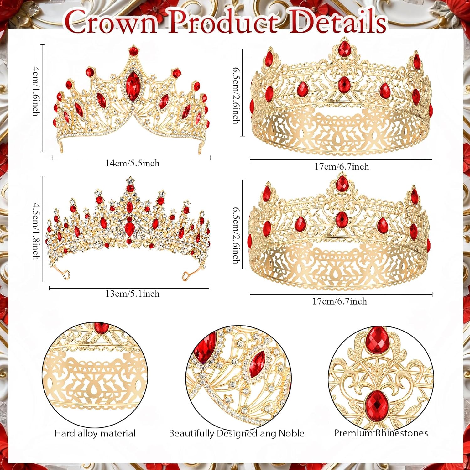 Ferreve 16 Pcs Prom King/Queen Crown and Sash Set Crystal Rhinestones Tiaras with Prince/Princess Court Sash for Birthday Wedding Party Accessories(Red)