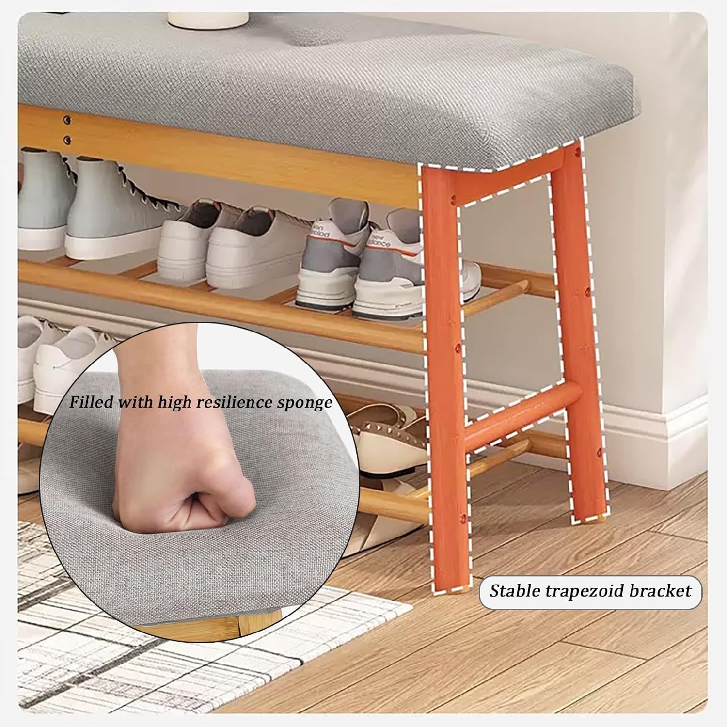 Bamboo Shoe Bench with Flip Top Storage Space, Shoe Rack Bench with Upholstered Seat, Open Shoe Storage Bench, Modern Entryway Shoe Changing Bench, ​for Hallway Living Room (Size : 27''/70