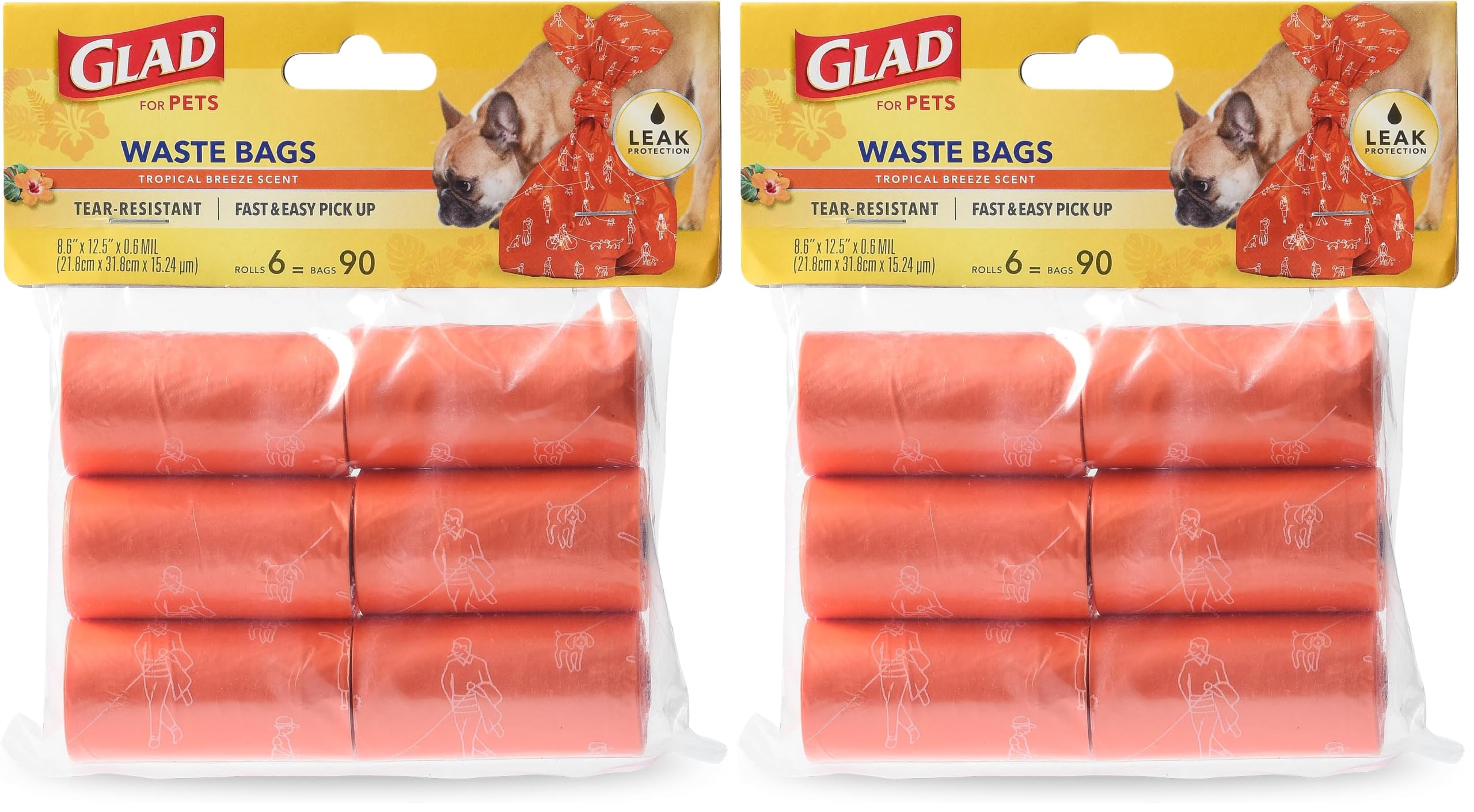 Glad for Pets Heavy Duty Dog Poop Bags, Scented Leak-Resistant Waste Bags with Fun Print Design, Tear-Resistant for Confident Pickup, Fits Standard Dispensers, 6 Rolls, 90 Count (Pack of 2)