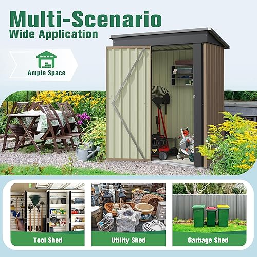 Miniatura 6 de Flamaker Cobertizo de almacenamiento de metal al aire libre con puerta cerrada, cobertizo de herramientas para patio trasero, patio y césped (5 x 3