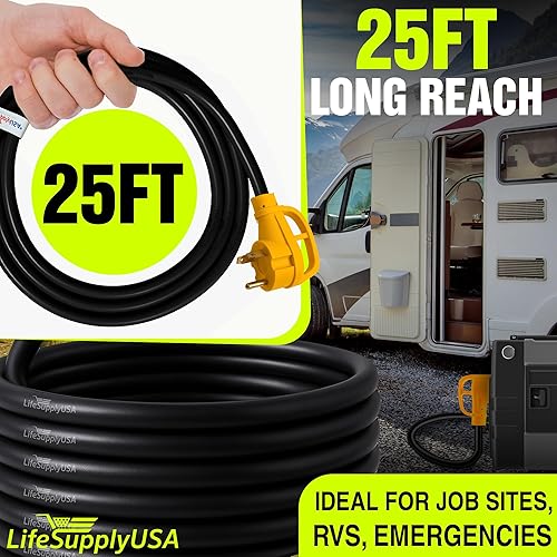 Miniatura 18 de Cable de extensión RV de 50 pies de 50 amperios (14-50P/SS2-50R) con 4 clavijas macho y mango de agarre, hembra con conector de bloqueo giratorio