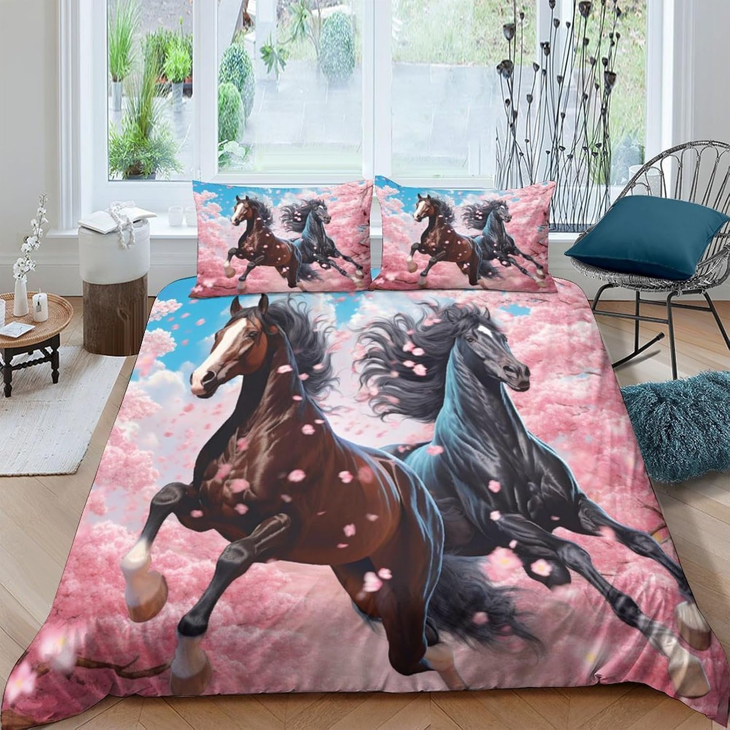 Parure de lit cheval 3D pour chambre d'enfant et ado avec housse de couette 260x230 cm