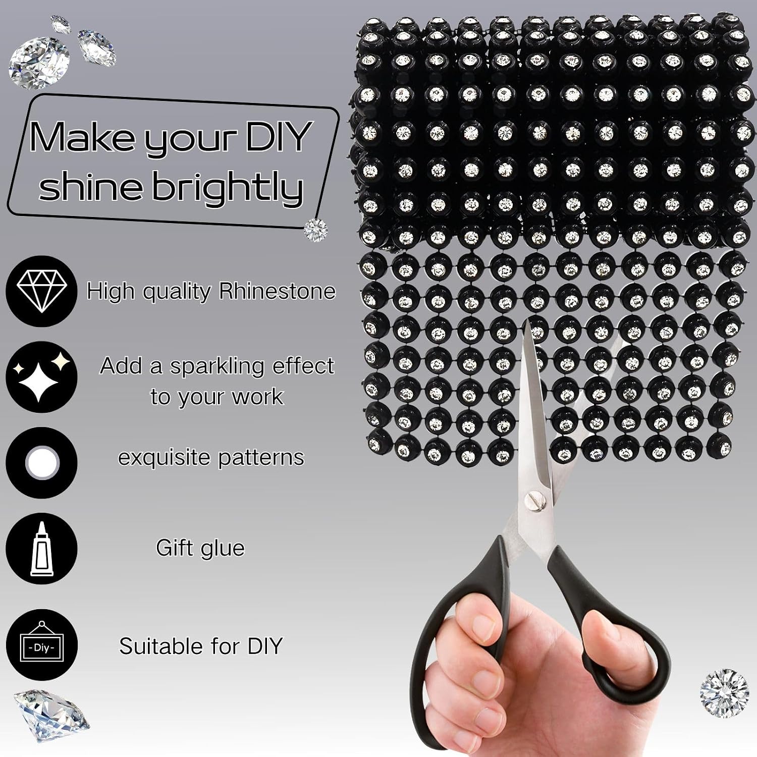 Bijou Joon 1 Yard Black White Sparkling Rhinestone Ribbon Mesh Rhinestone