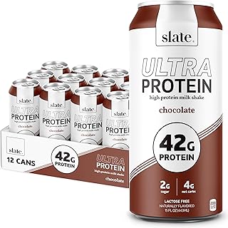 Slate Milk - Ultra Protein Shake - Chocolate - 42g Protein, 2g Sugar, 200 Calories, 4g Net Carbs - Lactose Free, No Added Sugar - Made with Ultra Filtered Milk - Breakfast Boost, Post Workout - 15 fl oz, 12 Cans