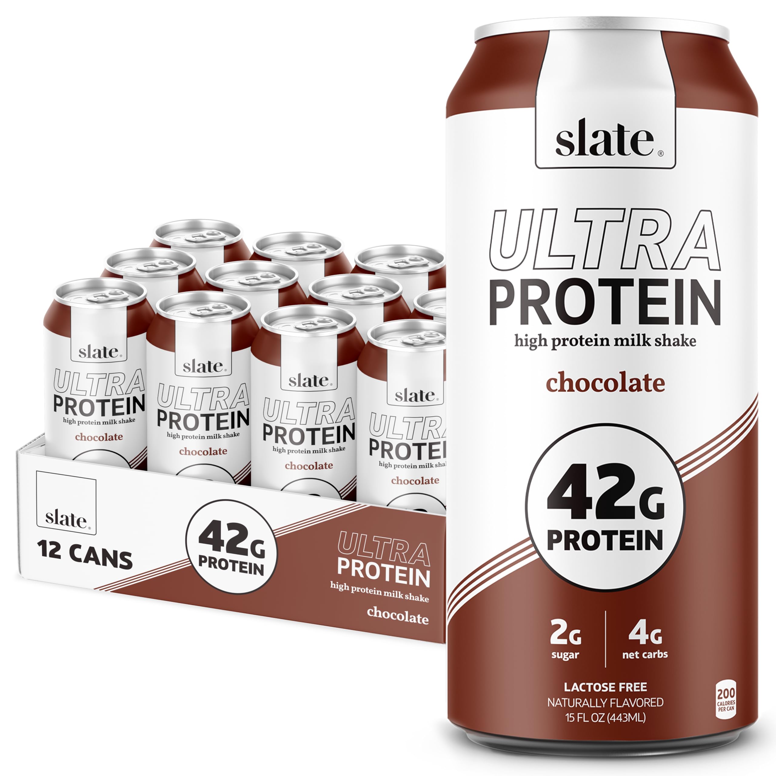 Slate Milk - Ultra Protein Shake - Chocolate - 42g Protein, 2g Sugar, 200 Calories, 4g Net Carbs - Lactose Free, No Added Sugar - Made with Ultra Filtered Milk - Breakfast Boost, Post Workout - 15 fl