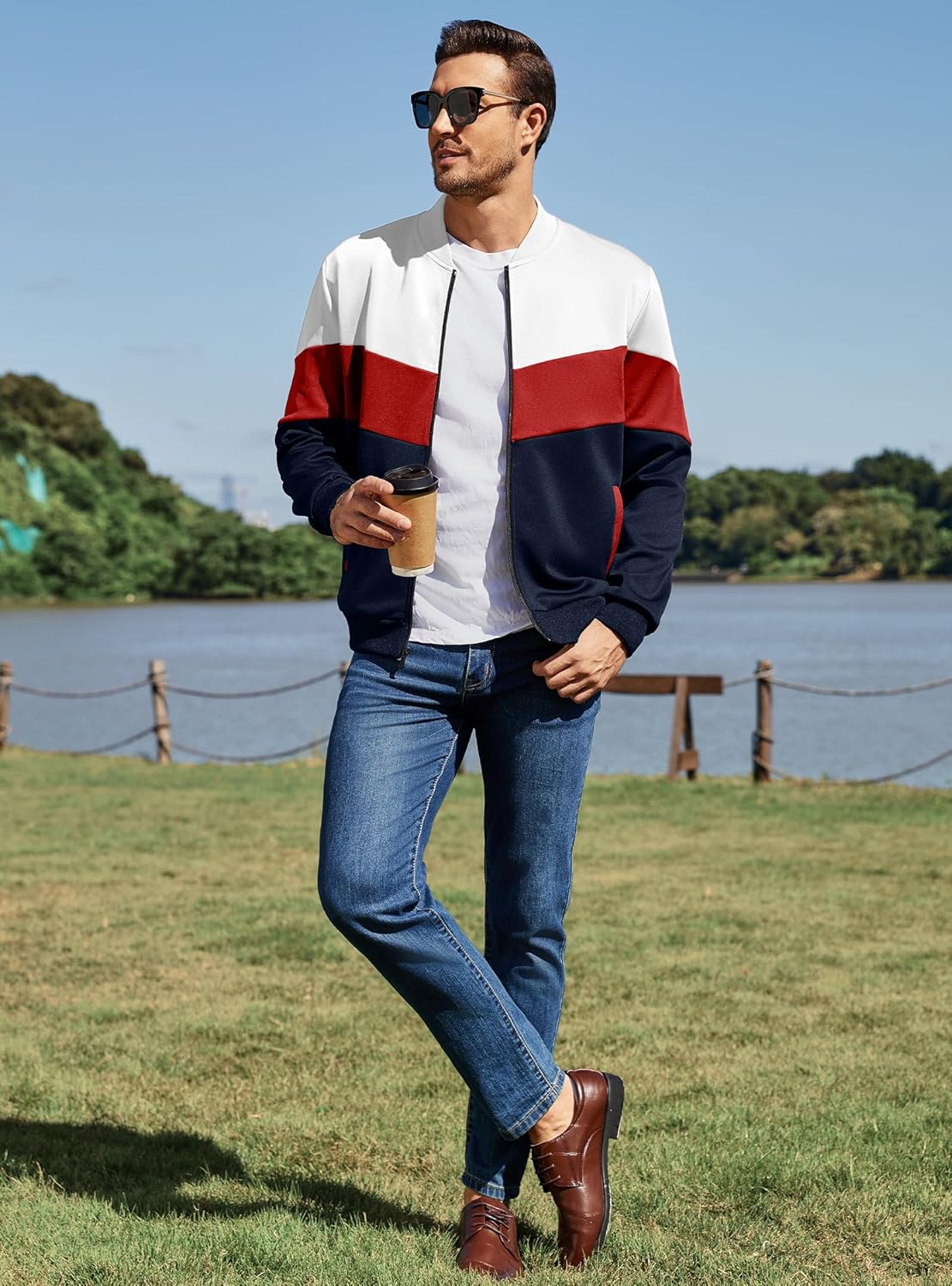 Men's Lightweight Varsity Jacket Casual Bomber Jacket Stylish Color Block Coat