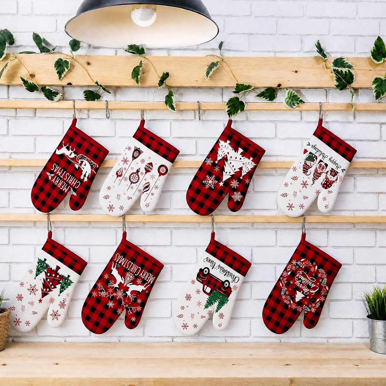 Sratte 12 Pcs Christmas Kitchen Oven Mitts Red Black Plaid Santa Joy
