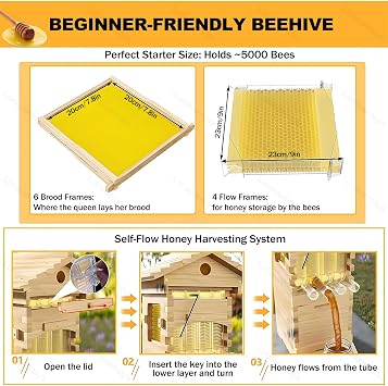 Golden Palace Style Self-Flow Hive Beehive, Vertical Wooden Beehive with 4 Frames & 6 Honeycomb Trays, Auto Flowing Honey Harvesting Beekeeping Kit for Beginners & Professional Beekeepers