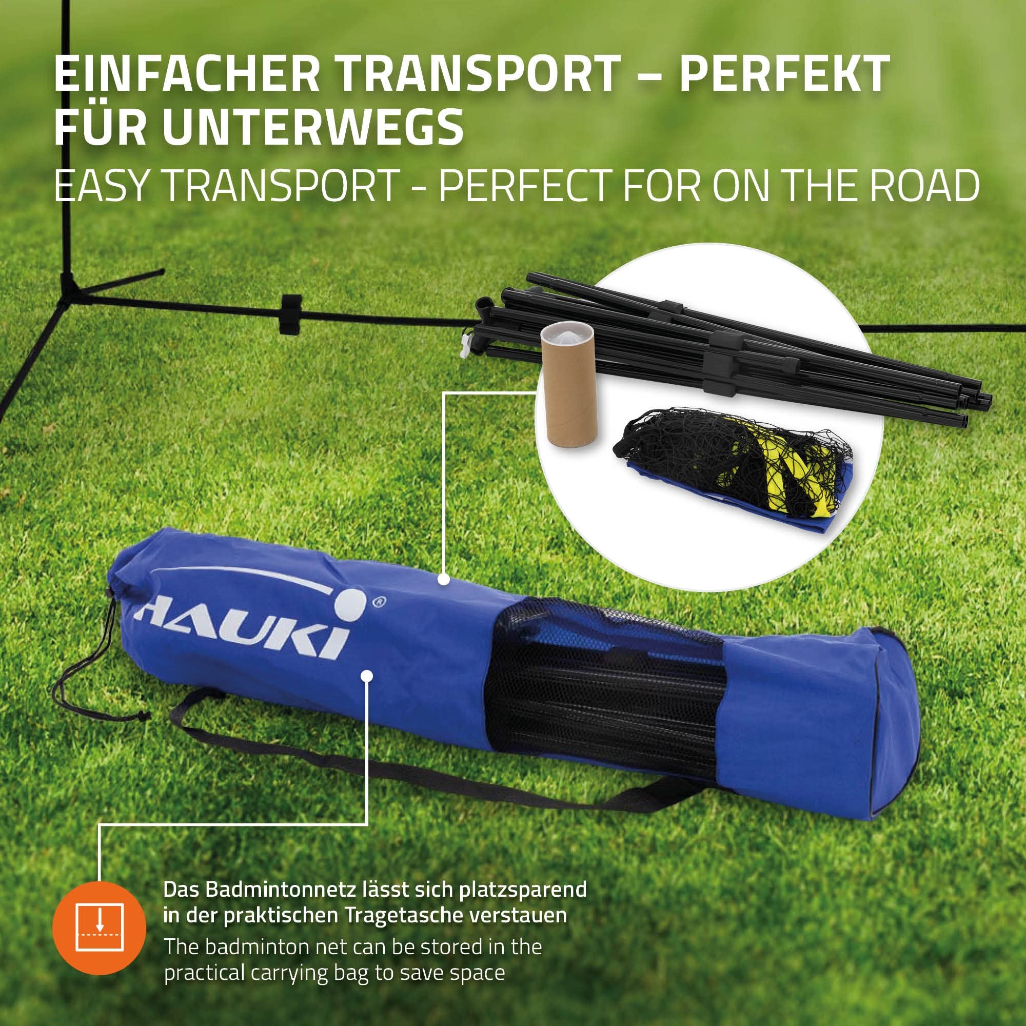 Hauki Badminton Netz, Tennisnetz 400cm/500 cm, Schwarz/Blau, H156 cm, Federballnetz Set, 3x Federball, Transporttasche, stabilem Eisen-Gestell, Tragbares Volleyballnetz, Trainingsnetz Indoor & Outdoor