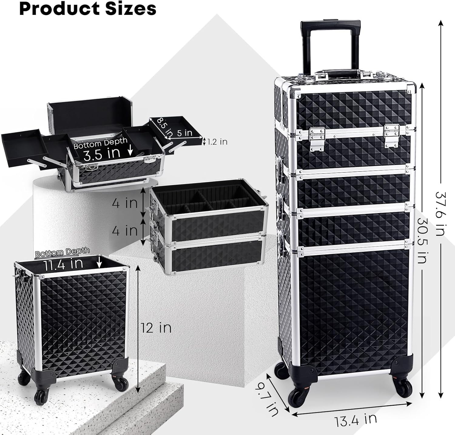 Rolling Makeup Case with Wheels Professional 4 in 1 Cosmetic Train Case and Cosmetology Cart Trunk for Makeup Artists Hairstylists Nail Techs and Salons Large Storage Capacity, Black