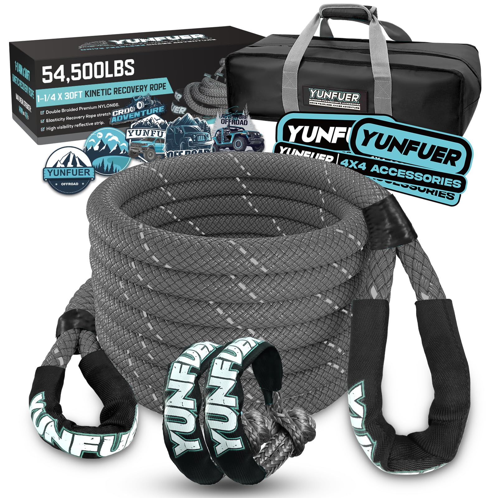 YUNFUER Kinetic Recovery Rope (1-1/4" x 30'-54,500lbs) Extreme Duty 35% Elasticity Energy Rope, Offroad Recovery Kit with 2 Soft Shackles, Heavy Duty Tow Ropes for Trucks, UTV, ATV, SUV (Gray)
