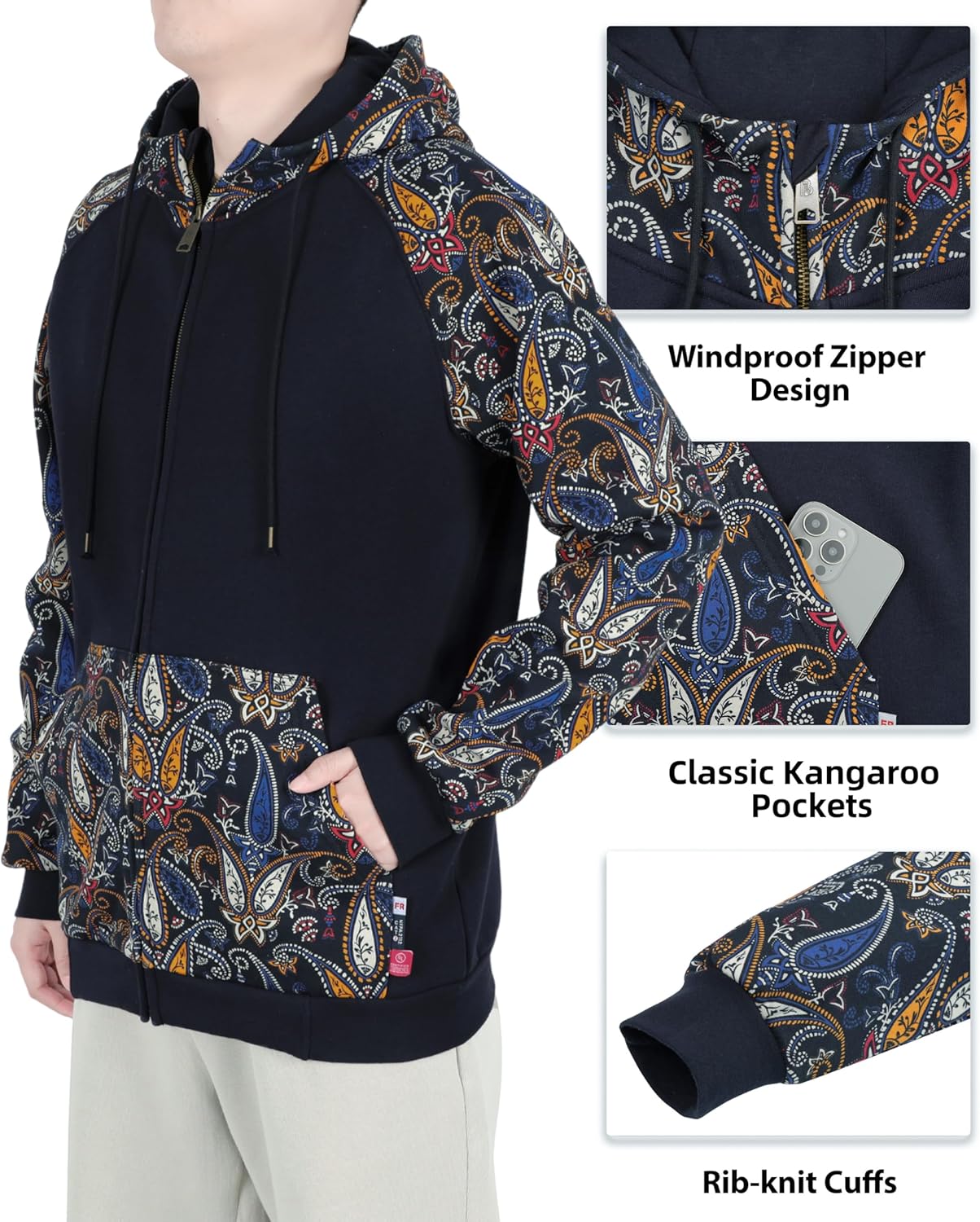 BOCOMAL FR Hoodies Zipper Front 10.5oz Cotton Fleece Flame Resistant Hooded Sweatshirts - Image 3