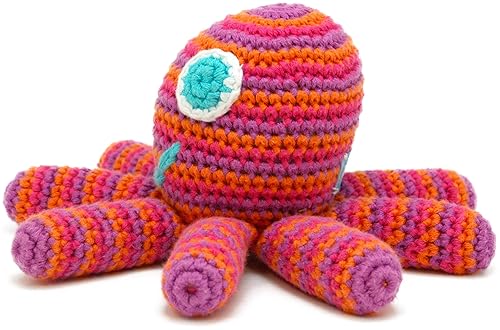 Miniatura 3 de Pebble Sonajero de bebé de pulpo hecho a mano, rosa brillante, océano, playa, costero, juguete de ganchillo para bebé, comercio justo, lavable a