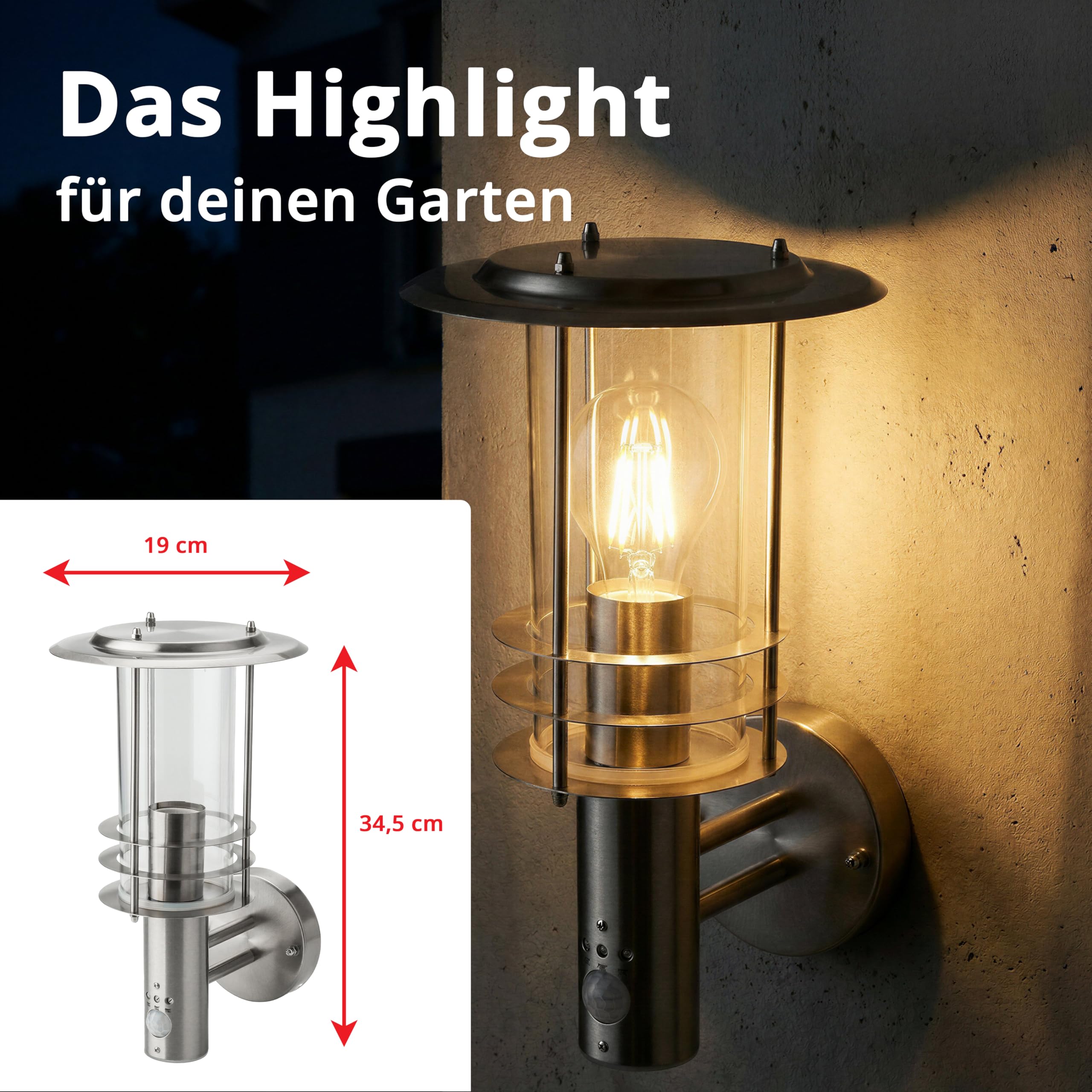 Grafner Design Edelstahl Wandlampe mit Bewegungsmelder, 1x E27 Fassung, IP44, 360° rundum Lichtschein, für außen und innen, Wandleuchte Lampe Außen Hoflampe PIR