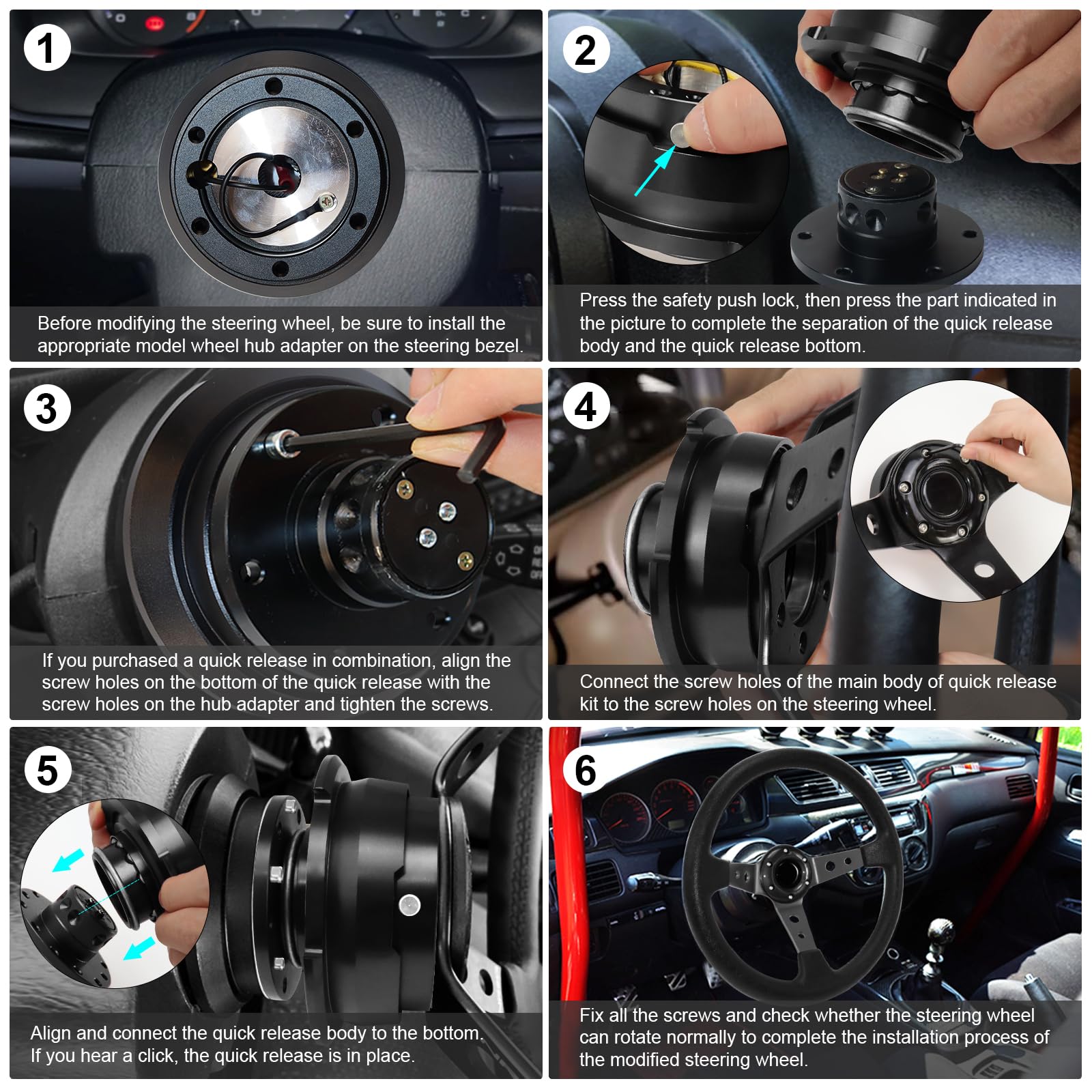 Kit d'adaptateur de volant universel à 6 trous, démontage rapide pour course/rallye/sport automobile (Gen 2.5-Noir)