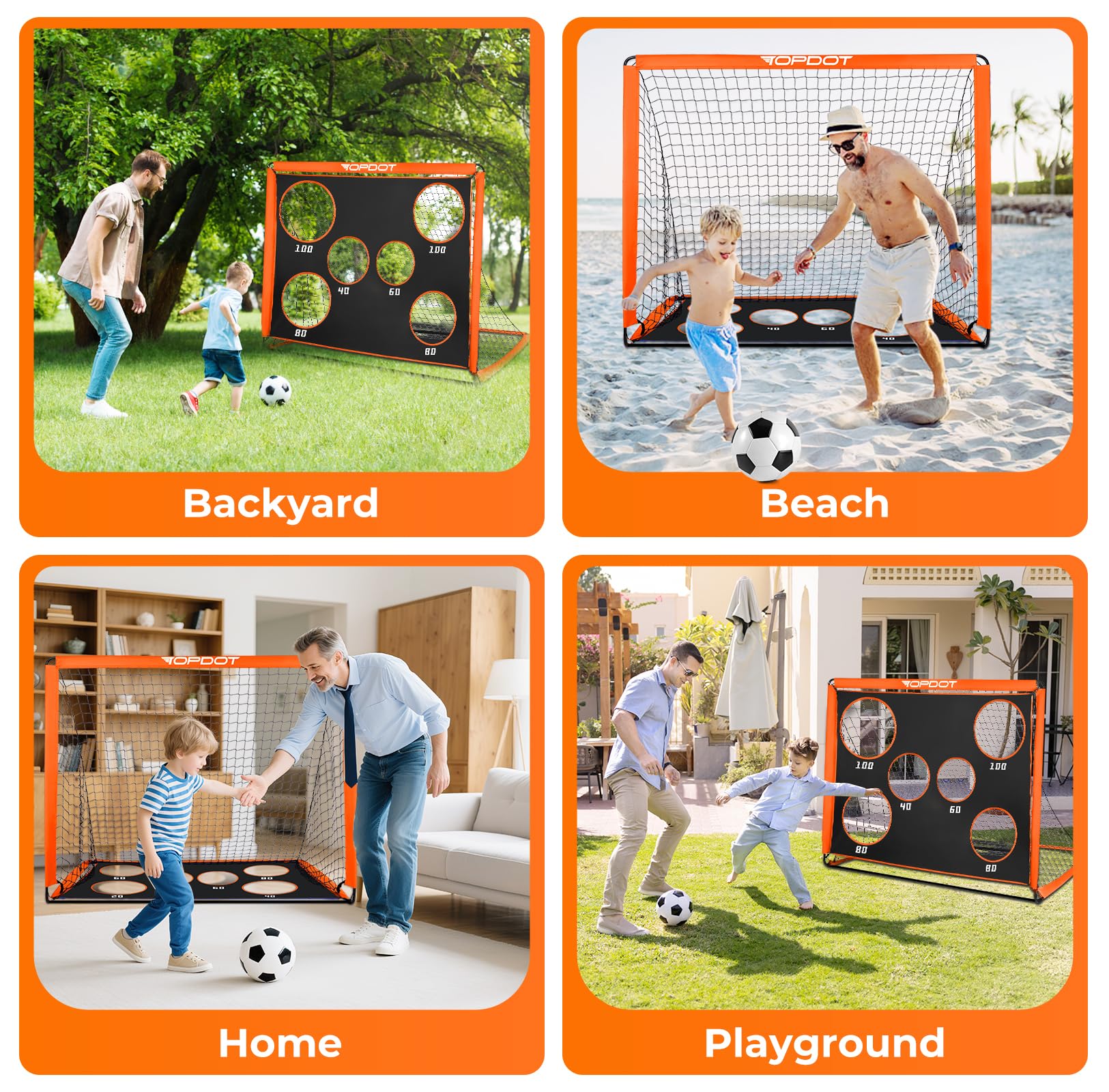 Topdot Porta da calcio per bambini, 2 in 1, pieghevole, per allenamento in cortile e giochi sportivi all'aria aperta, arancione, 150 × 120 cm