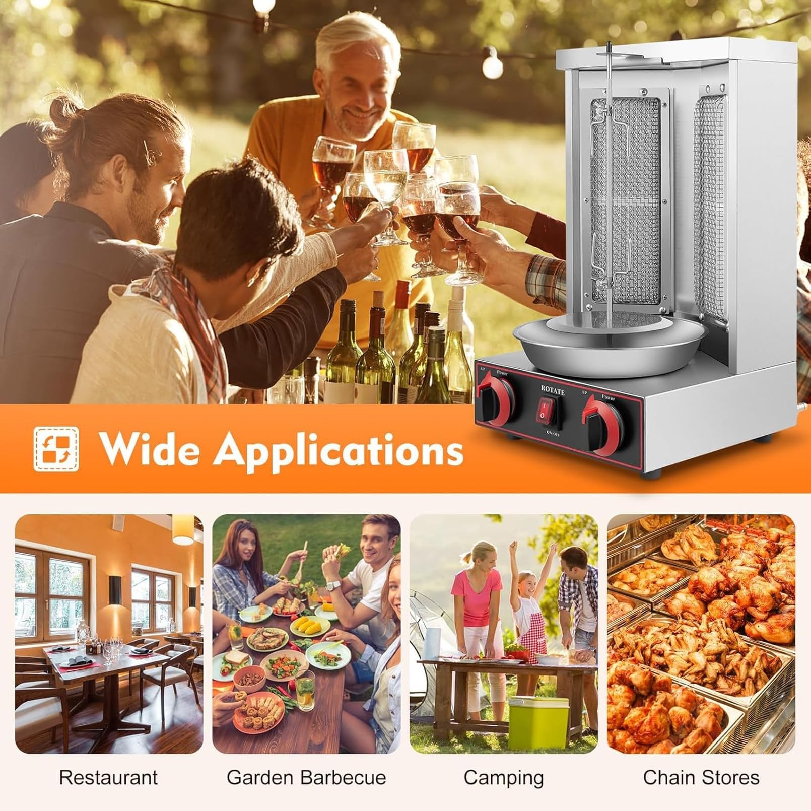 Maszyna do kebaba 3000 W, 2 palniki, grill do kebaba, pionowy grill obrotowy, rożen do domu, dystrybucja ciepła 360°, nadaje się do domu, grill rożen (czarny)