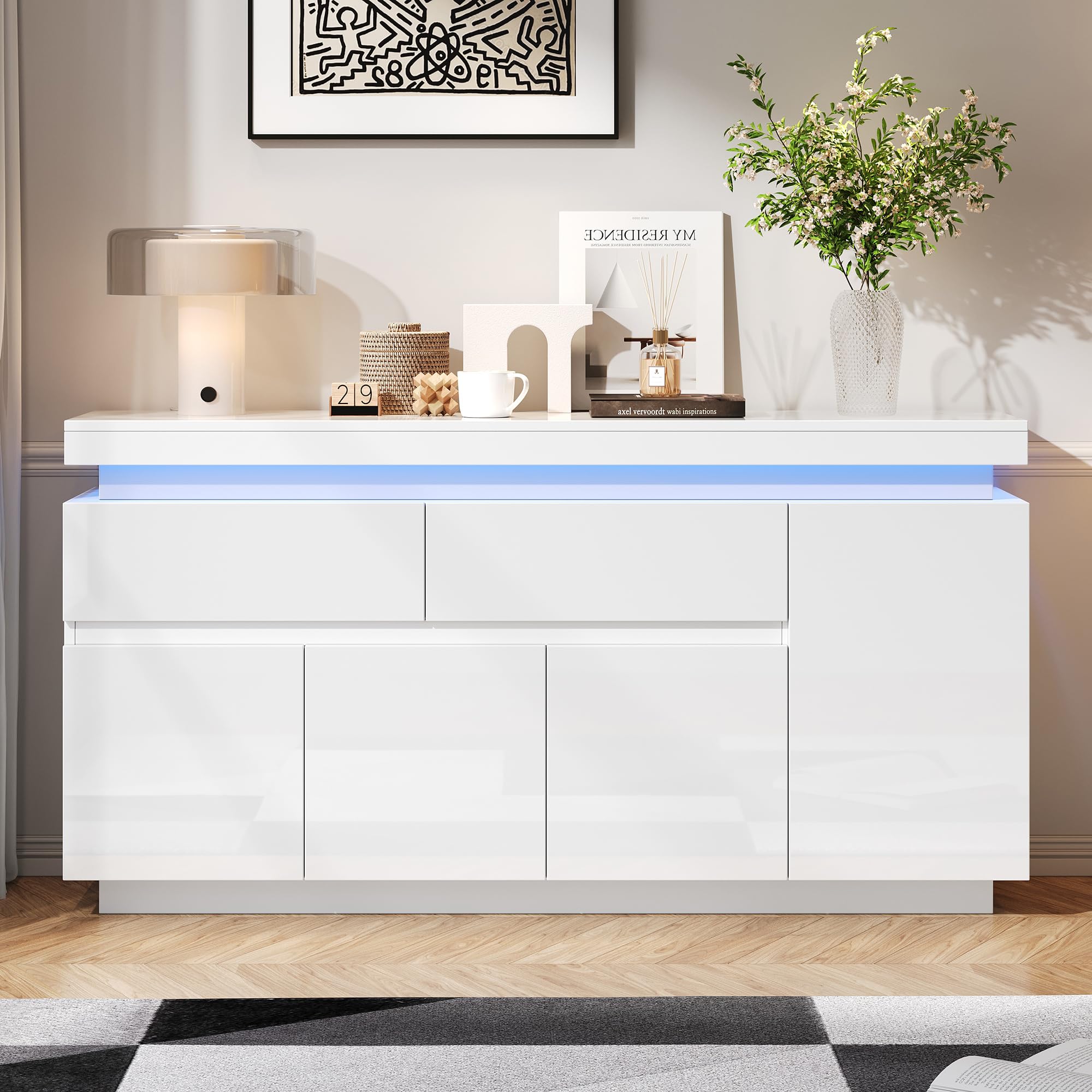 Merax 140cm White High Gloss Sideboard with RGB LED Lights, App Controlled Storage Cabinet with 4 Doors & 2 Drawers, Modern Sideboard Unit for Living Room, Bedroom and Dining Room