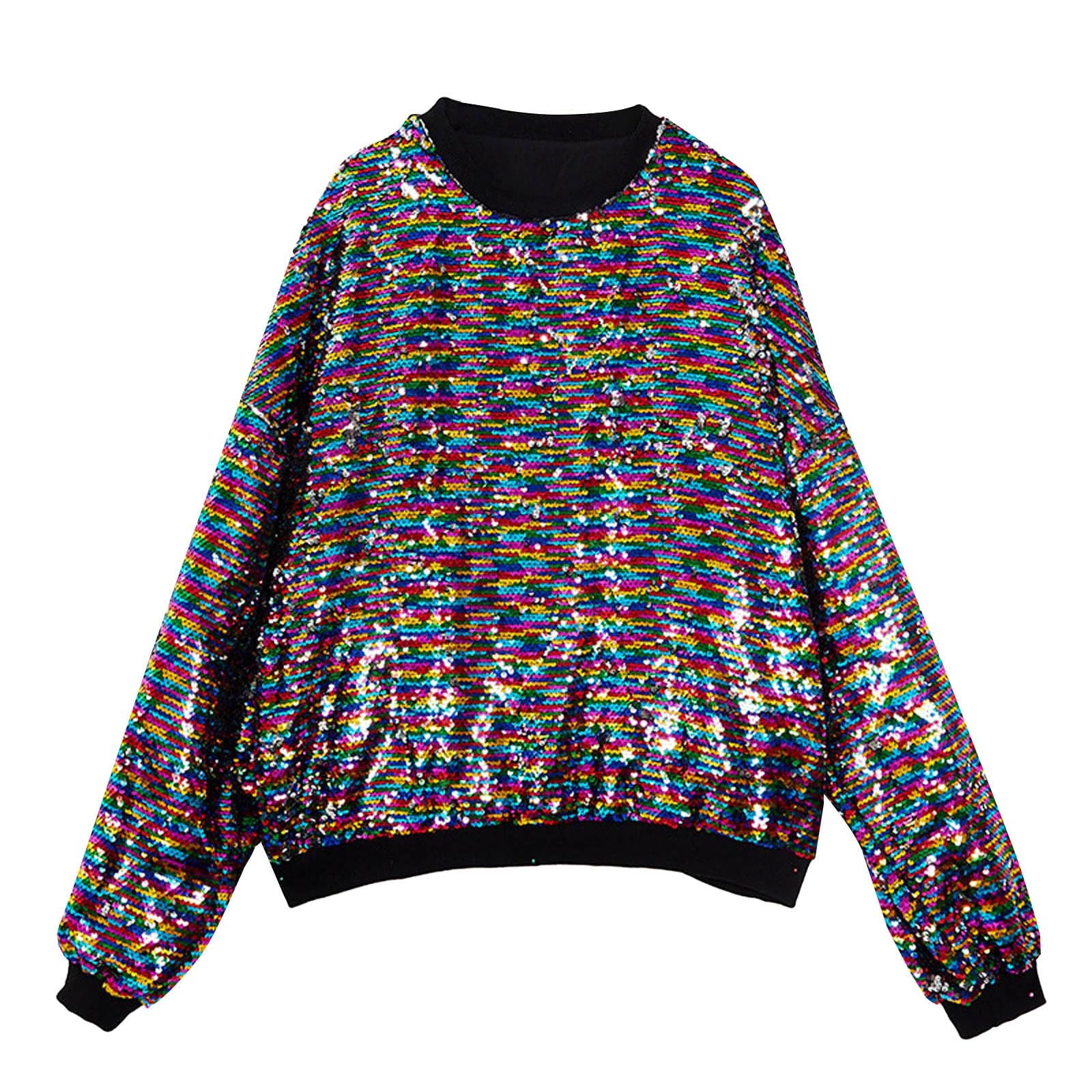 Generisch Sudadera reversible con purpurina con cuello redondo, suéter de fiesta para festivales, camiseta informal de manga larga, prenda llamativa