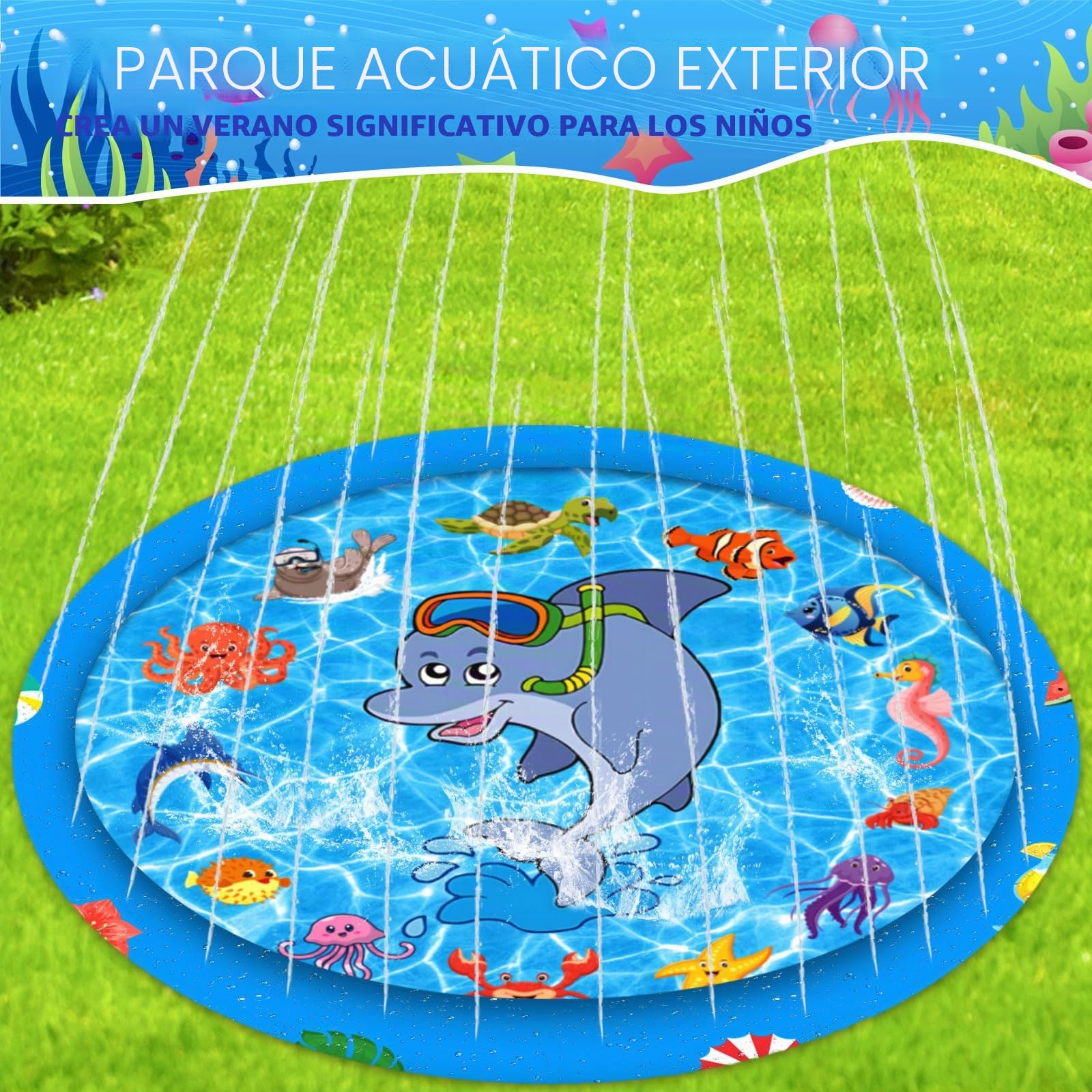 Splash Pad, 170cm Aspersor para Niños, Patrón De Animales Marinos Juegos Exterior Niños, PVC Juegos Piscina Aspersor para Niños Apto para Niños Y Mascotas De 3 A 6 Años
