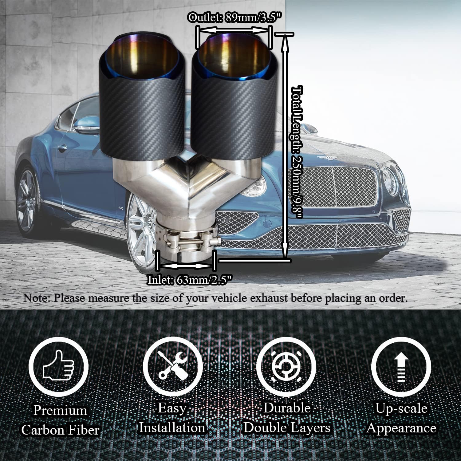 Carbon Fiber Exhaust Tip Dual Outlet Y-style Exhaust Muffler Tips,2.5 Inch(63mm) Inlet 3.5 Inch(89mm) Outlet Blue Burnt,304 Stainless Steel,Universal Tail End Tip Clamp On (Matte Black)