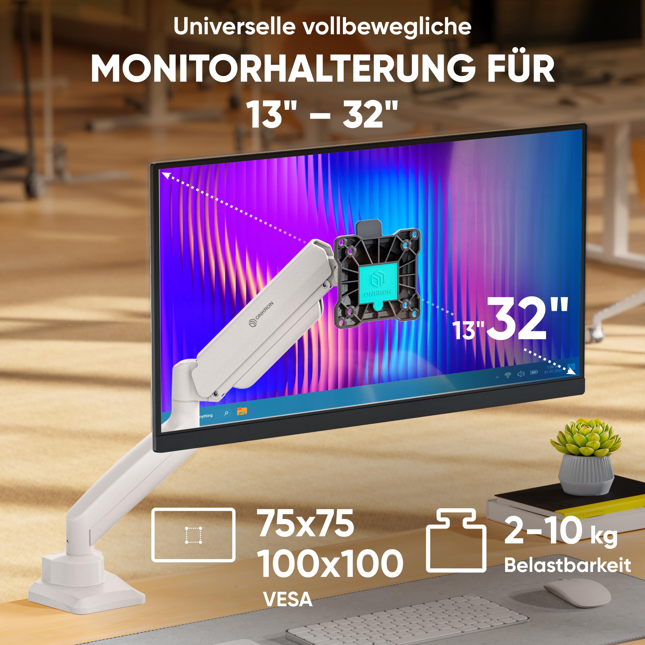 ONKRON Monitor Halterung für 13-32 Zoll Bildschirm bis 10 kg, Gasdruckfeder Arm, Bildschirmhalterung mit Schnellwechsel-VESA 75x75 & 100x100, Höhenverstellbar Schwenkbar Drehbar, Weiß G80-BW